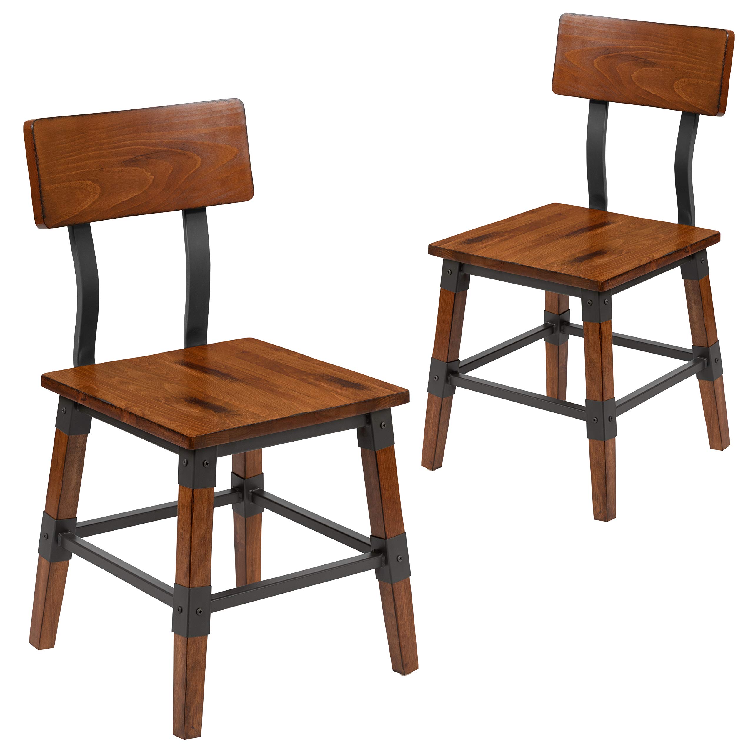 Merrick Lane Breton Set of 2 Industrial Dining Chairs - Walnut Brown Wood Grain with Steel Supports & Footrest - Perfect for Kitchen, Dining Room or Home Office