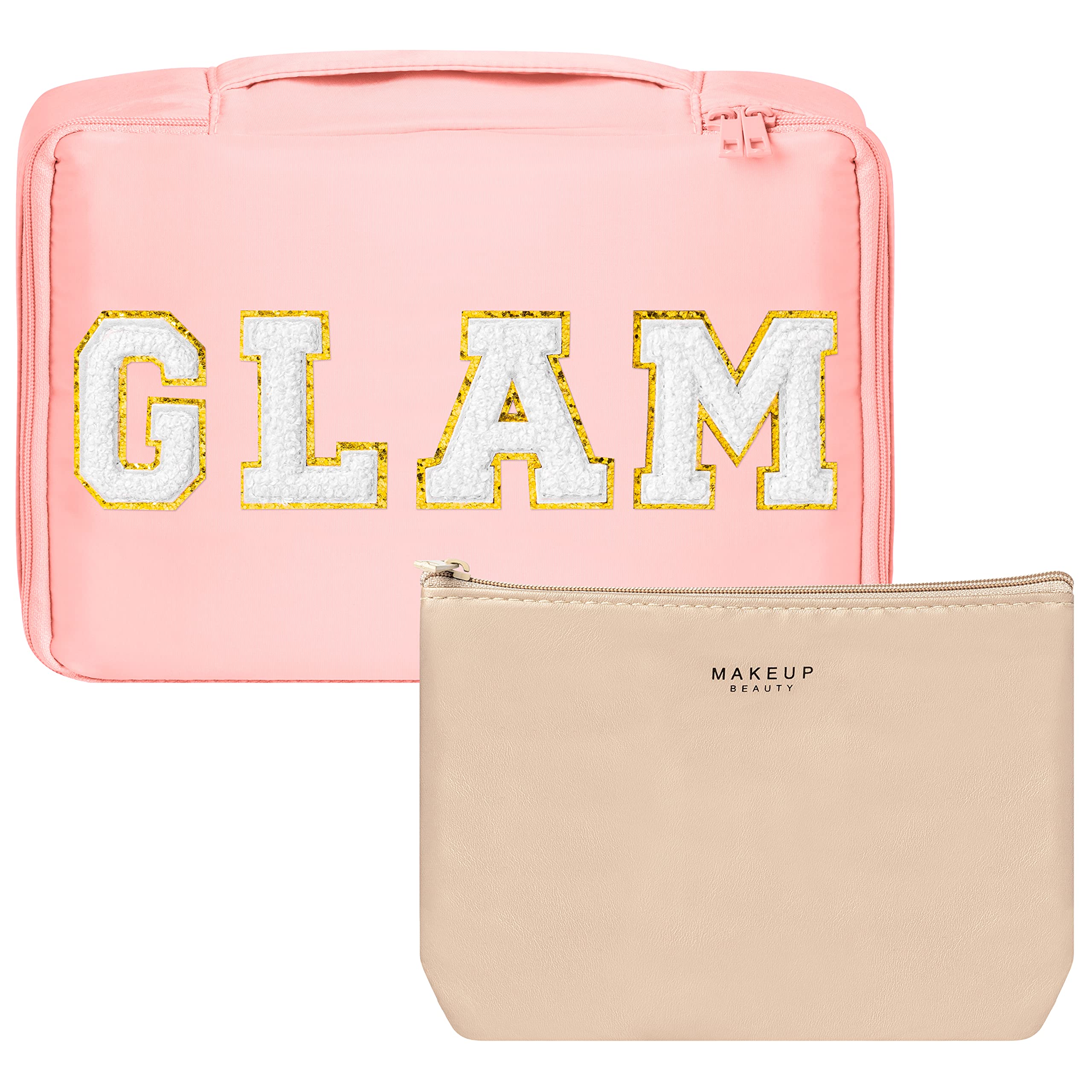 Preppy Patch GLAM Makeup Bag - Large Travel Cosmetic Organizer (Pink) for Brushes & Toiletries
