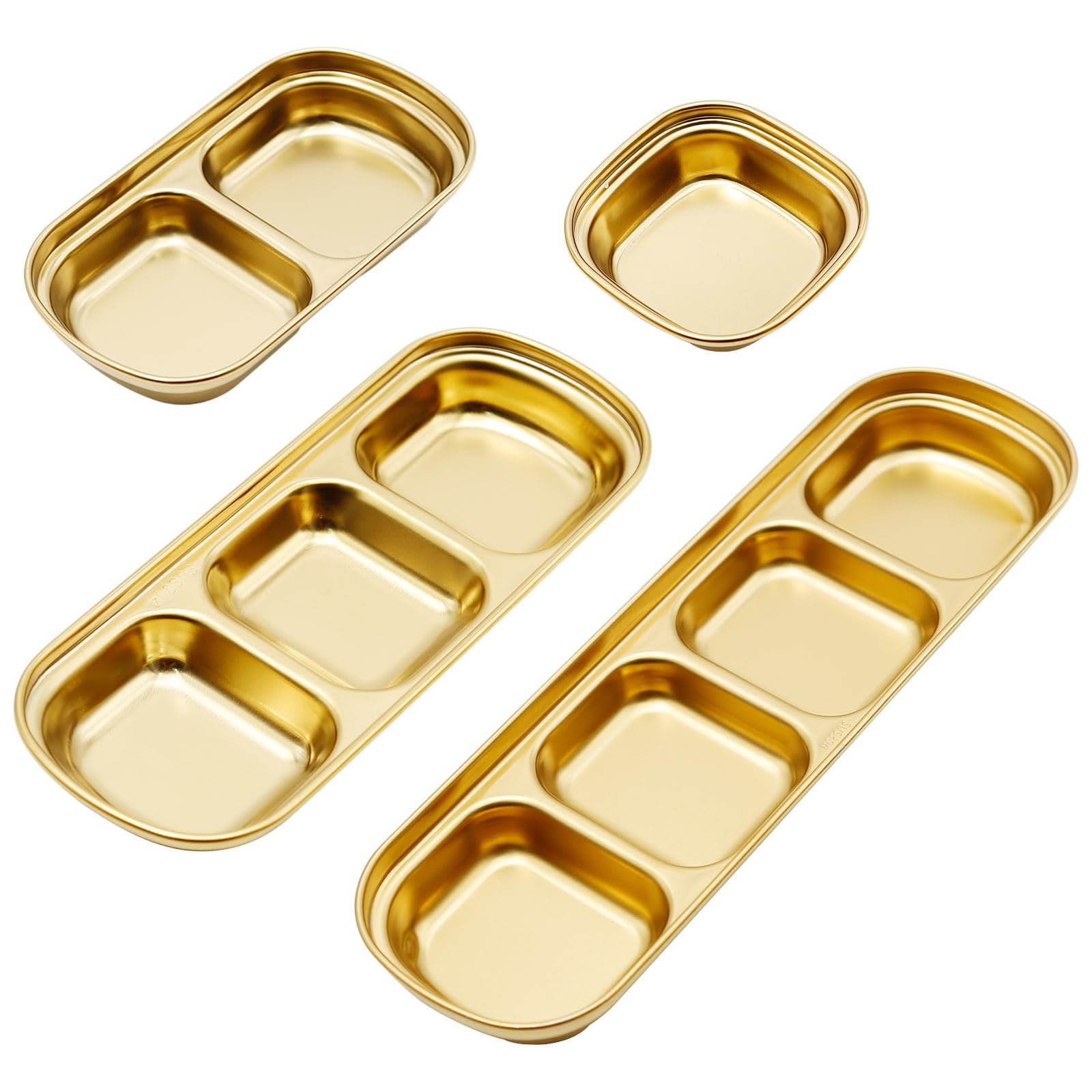 4 Pcs Stainless Steel Divided Dipping Plates - 1/2/3/4 Compartment Sauce Bowls for Soy, Vinegar & Spices | Condiment Tray for Home, Restaurant & Party Snacks | Perfect for Sushi, Dumplings & BBQ Dips