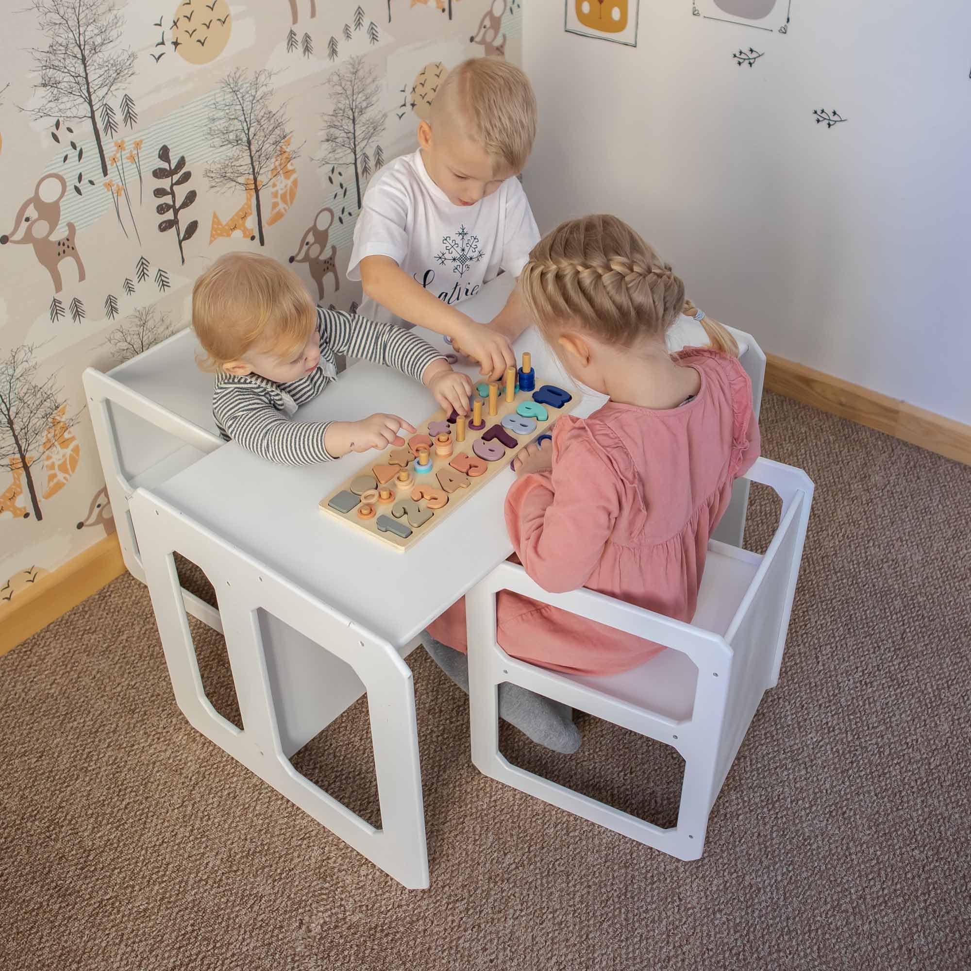 Montessori Wooden Kids Play Table and Chair Set - White Toddler Learning Table for Preschool, Daycare & Home - Includes 1 Table & 2 Chairs for Reading, Arts & Crafts, Snack Time