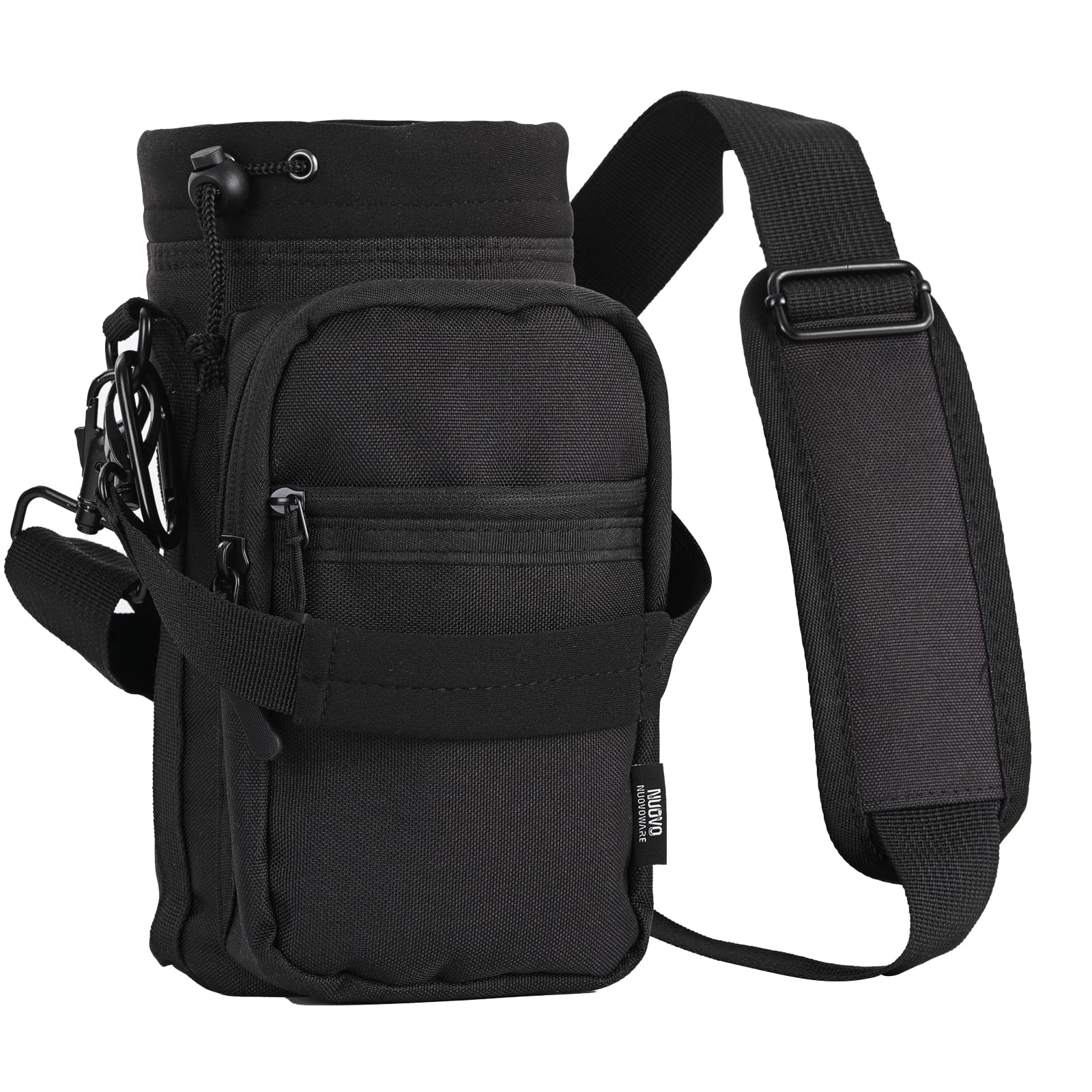 Nuovoware Insulated Water Bottle Carrier with Adjustable Shoulder Strap - 40oz Sports Bottle Holder, 2 Pockets Flask Sling Bag for Hiking, Climbing, Walking, Gym & Outdoor Activities - Black Drawstring Pouch