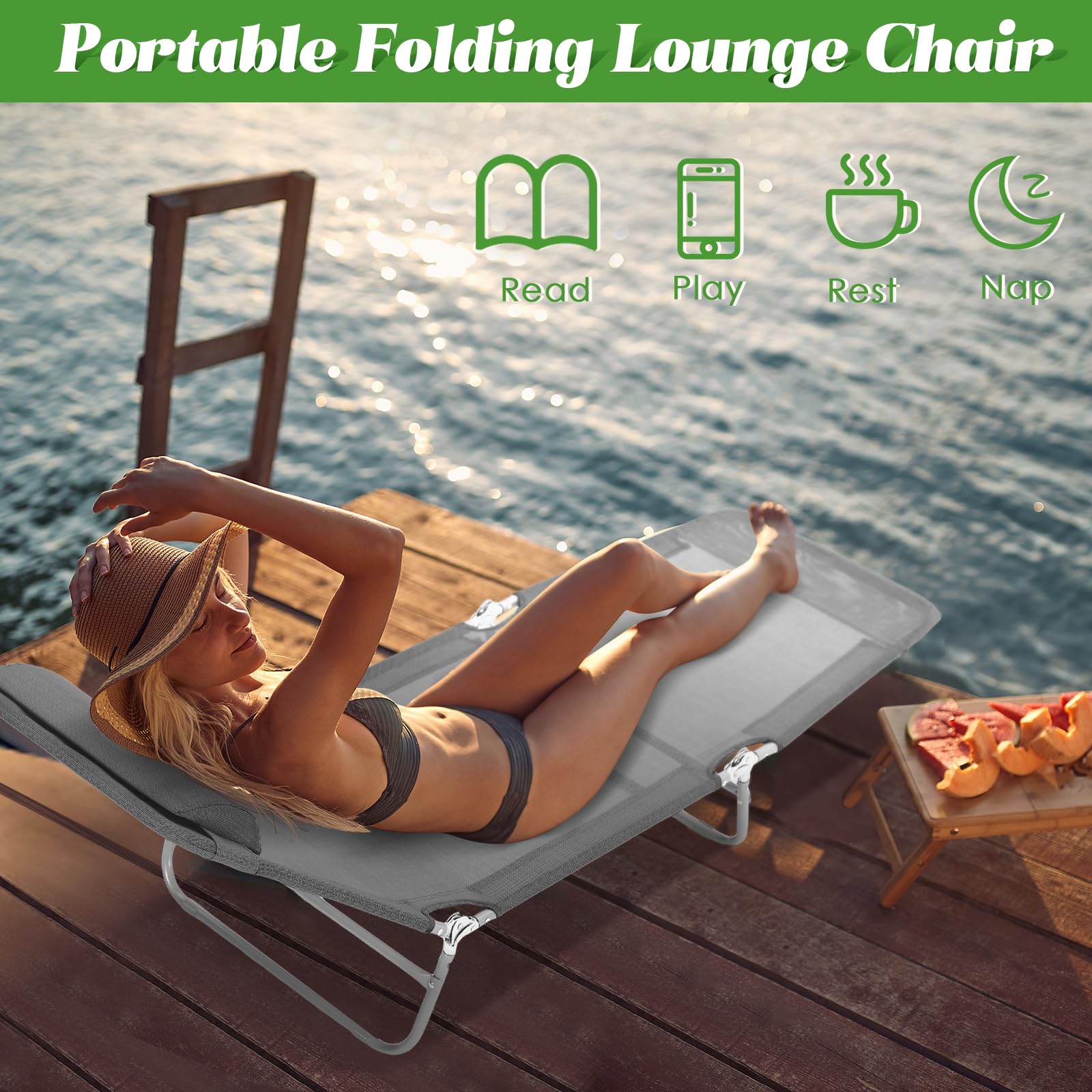 Suzile 4 Pack Folding Chaise Lounge Chairs - Adjustable 5-Position Tanning Chairs with Pillow, Waterproof & Breathable Mesh, Steel Frame - Perfect for Pool, Beach, Yard, Patio, Lawn & Outdoor Relaxation