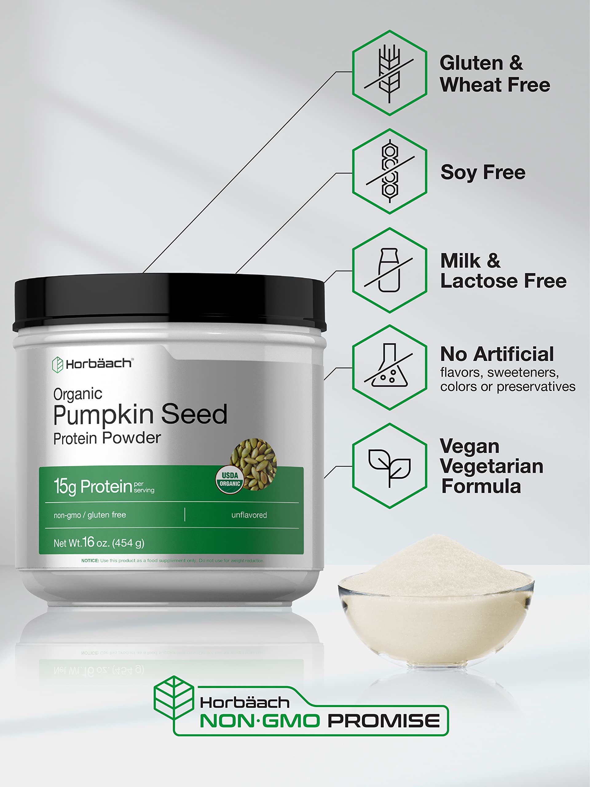 Horbäach Organic Pumpkin Seed Protein Powder | 16 oz | Vegetarian, Gluten Free, Non-GMO, Keto & Paleo Friendly | 15g Plant-Based Protein per Serving | Supports Muscle Recovery & Post-Workout Nutrition