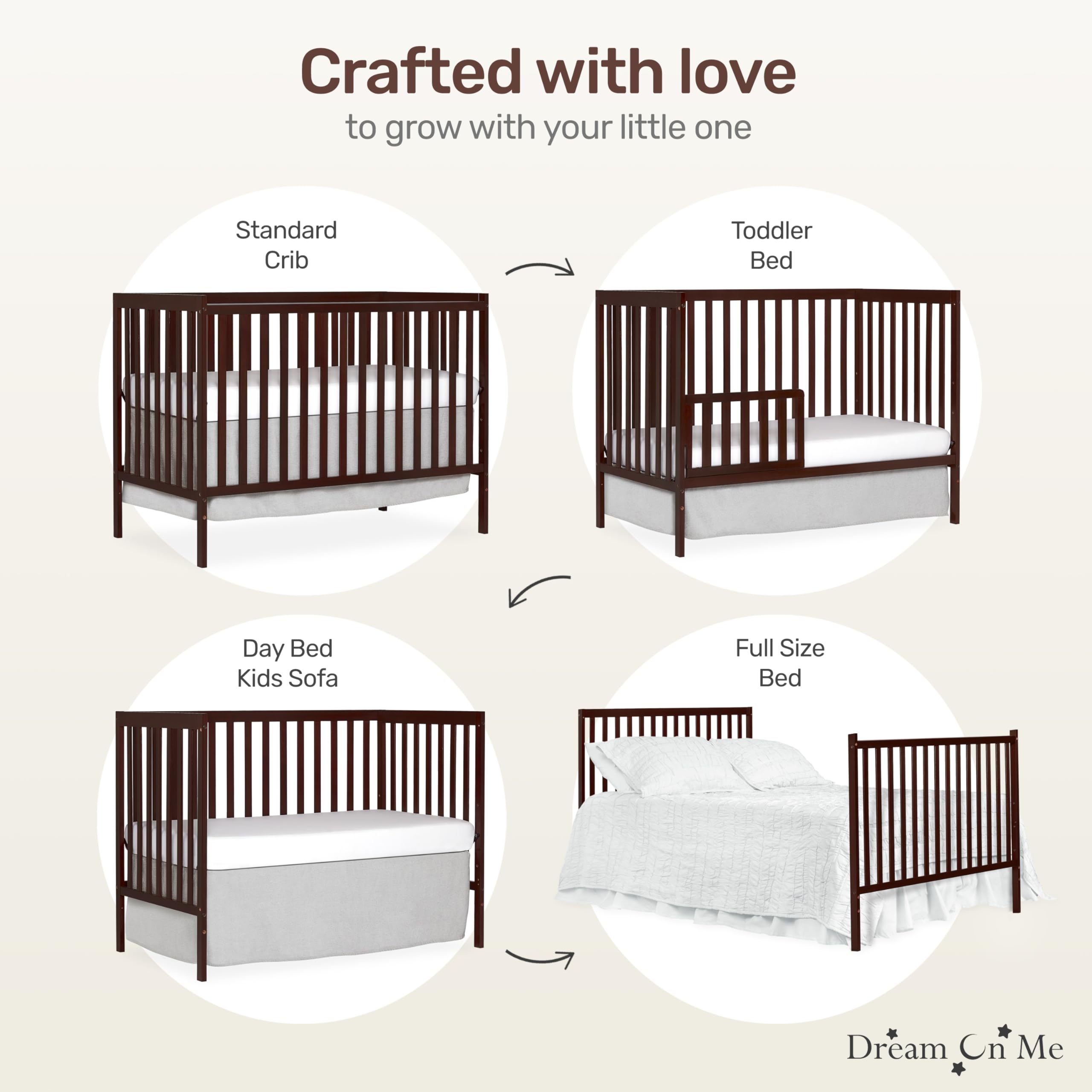 Dream On Me Synergy 5-in-1 Convertible Crib in Espresso – JPMA & Greenguard Gold Certified Solid New Zealand Pine Wood Baby Crib with 3 Mattress Height Adjustments – Perfect for Nursery, Daycare & Small Spaces