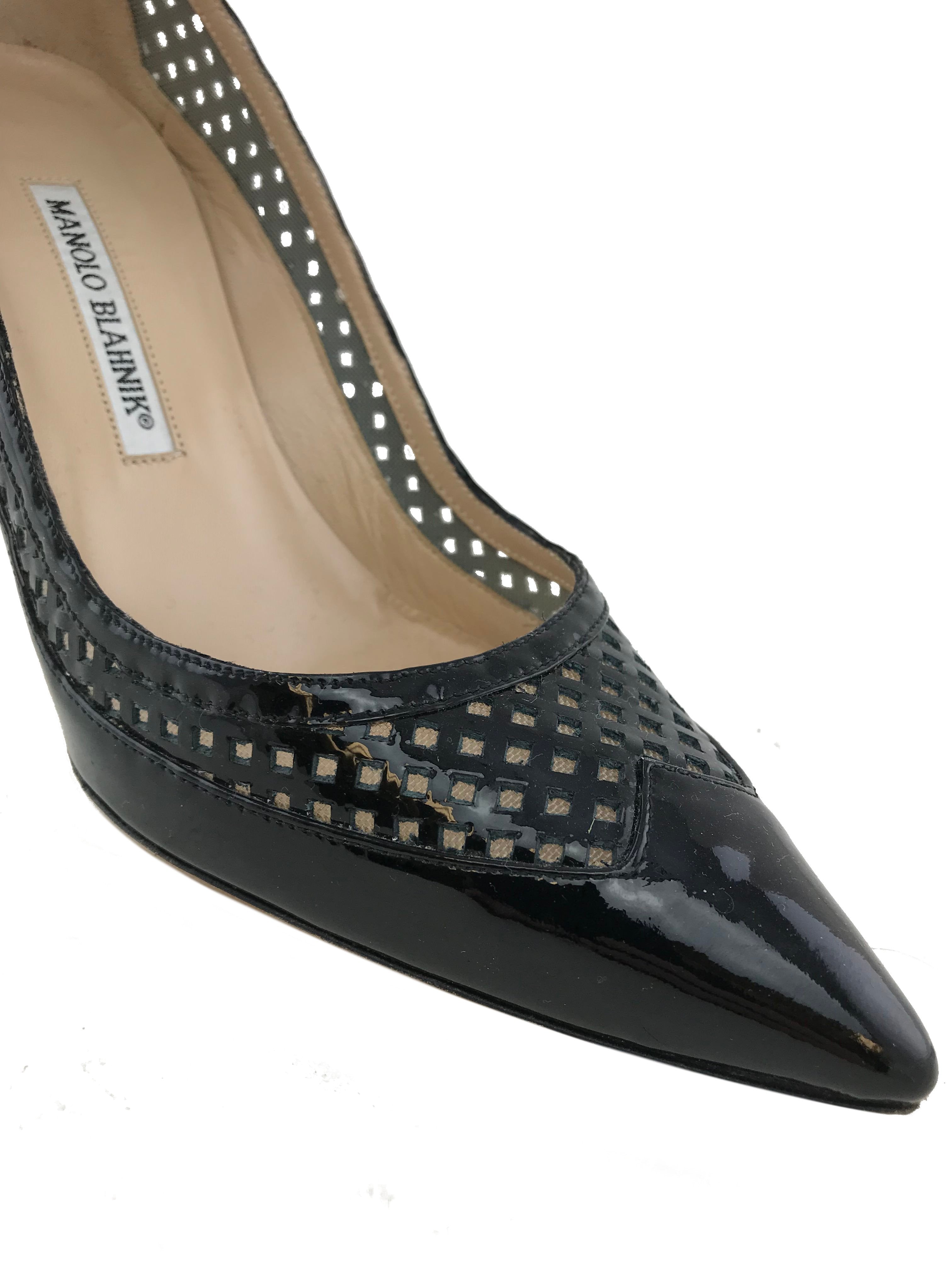 Manolo Blahnik Women's Patent Leather Laser Cut Pointed Toe Pumps - Size 7.5 US | Elegant High Heel Shoes for Weddings, Parties & Office Wear