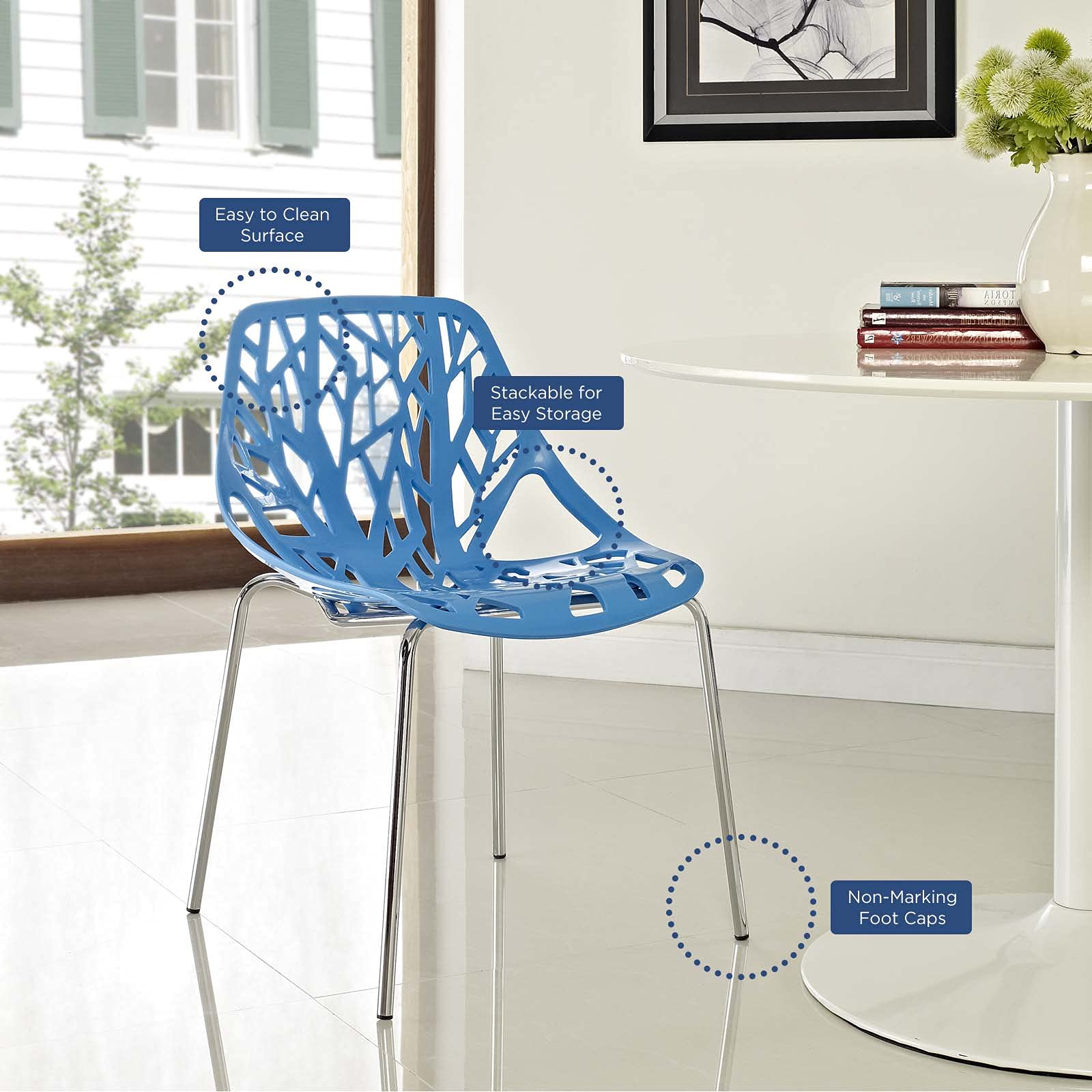 Modway Stencil Modern Stacking Dining Chairs Set of 2 - Blue Contemporary Kitchen & Dining Room Chairs for Small Spaces, Breakfast Nook & Apartment Living