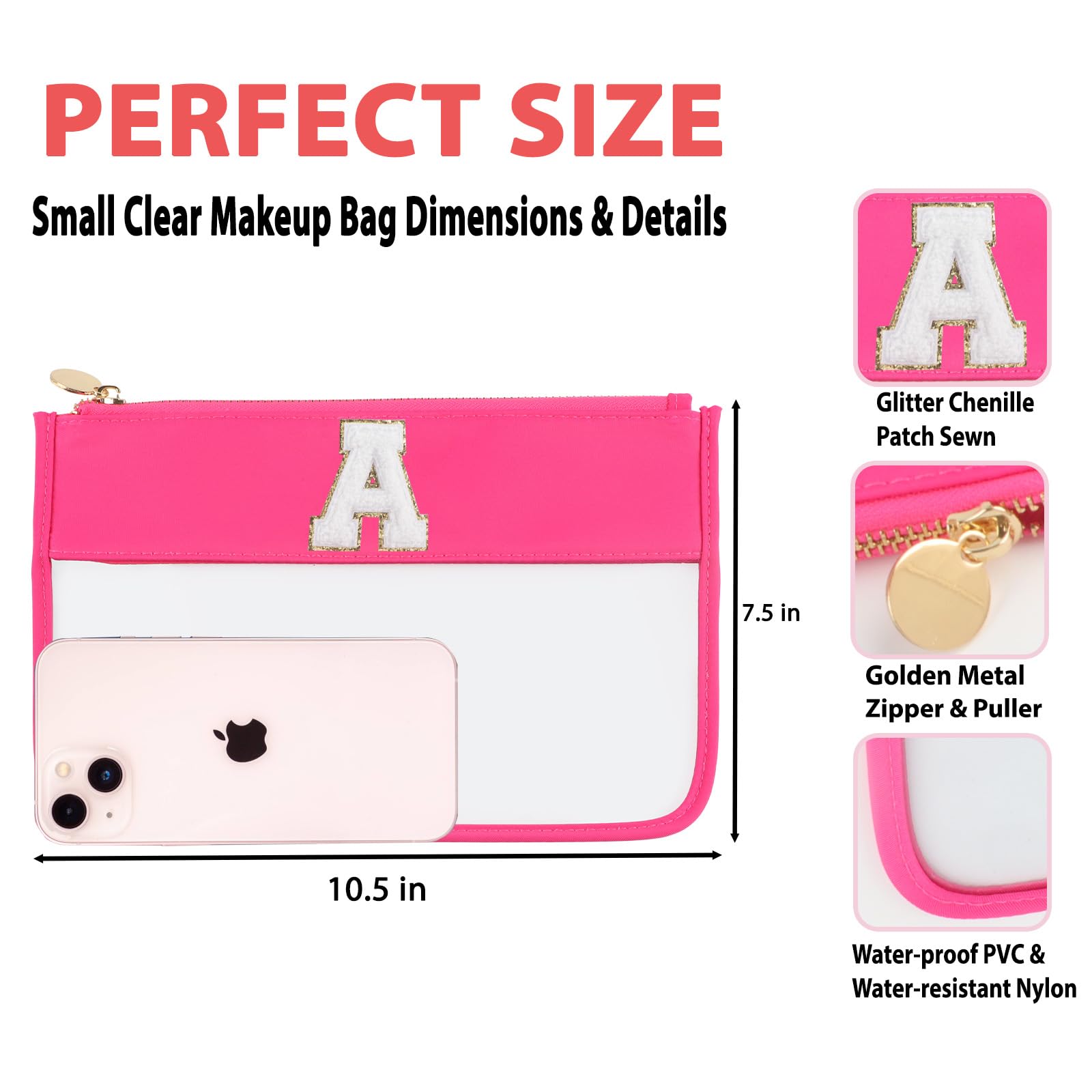 2-Piece Clear Glitter Chenille Monogram Makeup Bag Set - Travel Essentials Cosmetic & Snacks Organizer with Flat Zipper Pouch for Women (Hot Pink) - Perfect for Travel, Gym & Daily Beauty Storage