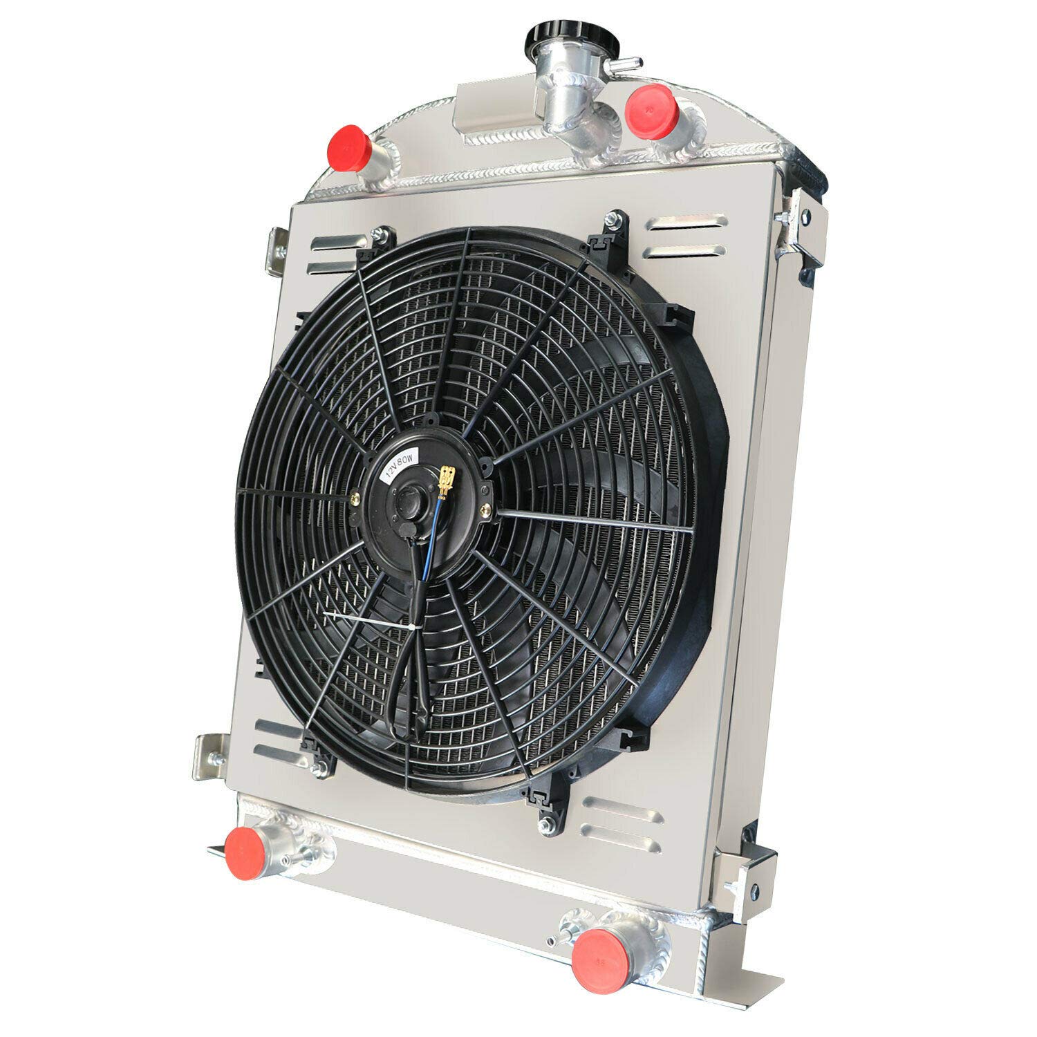 AlloyWorks 4-Row 62MM Full Aluminum Radiator with Shroud Fan & Relay Kit for 1930-1934 Ford Flathead V8 Truck Engine - Perfect for Classic Car Restoration & Hot Rod Upgrades
