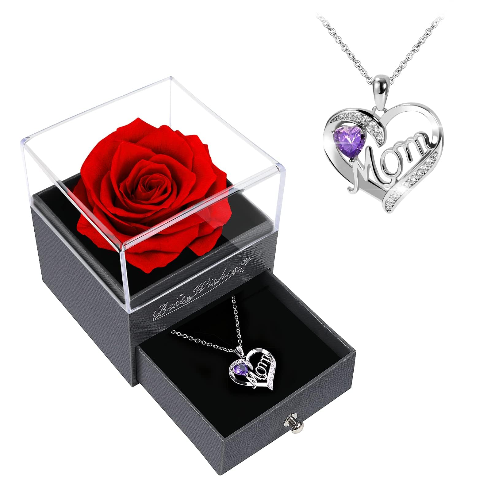 Mother's Day Rose Gift Set for Mom - Preserved Red Roses in Glass Dome with Heart Necklace - Birthday, Anniversary, Valentine's Day Gifts for Women, Wife, Grandma - Perfect for Home Decor, Romantic Surprise & Special Occasions