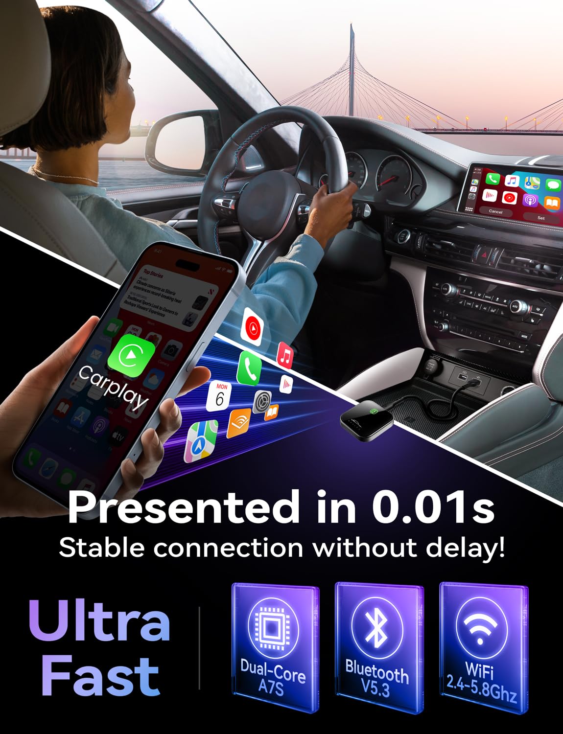 2024 Upgraded Wireless CarPlay Adapter for Apple iPhone - Fast & Stable Plug & Play Dongle Converts Wired to Wireless CarPlay - Compatible with Cars 2017+ & iOS 10+ - Perfect for Commuting, Road Trips & Hands-Free Driving
