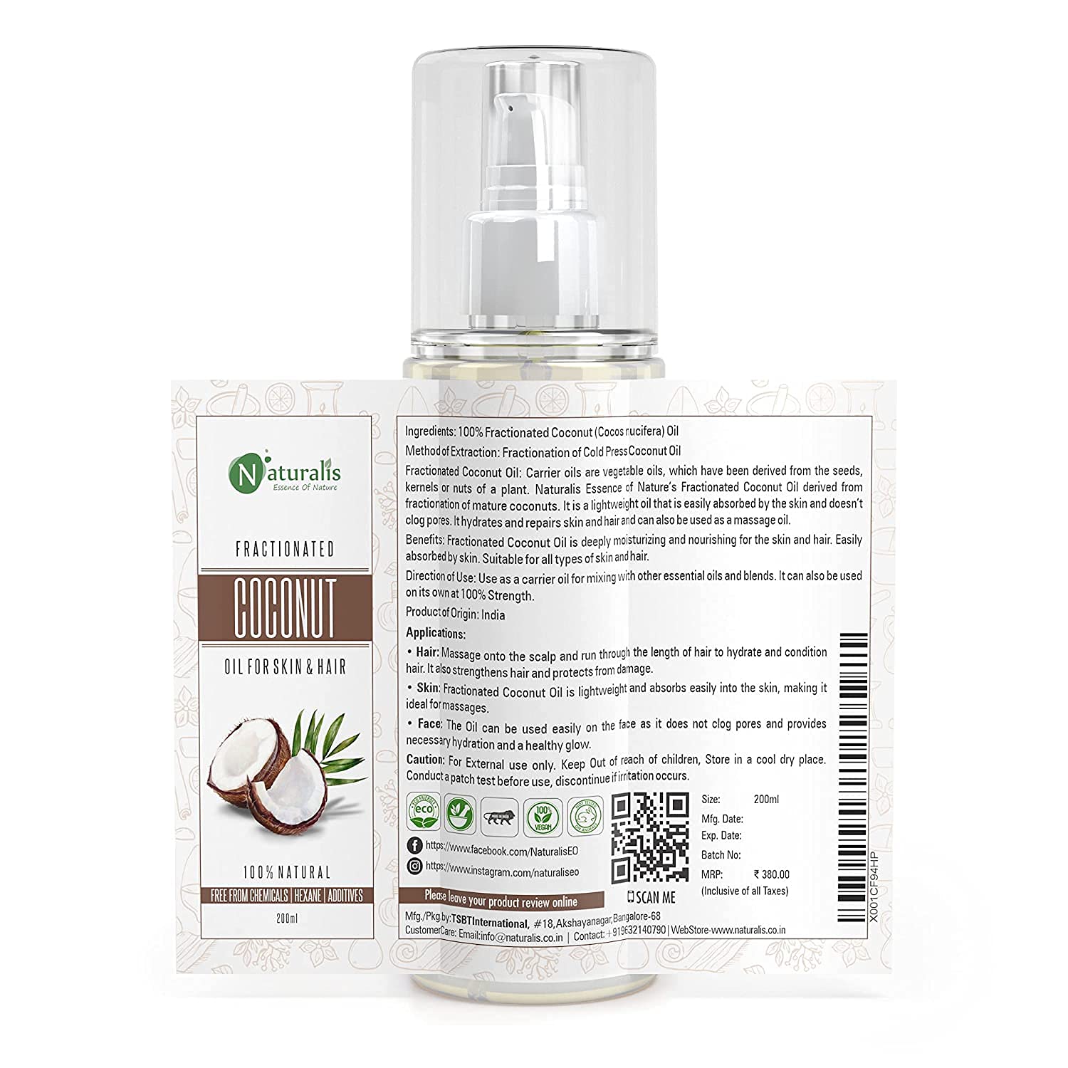 Naturalis Fractionated Coconut Oil for Skin - 100% Pure Moisturizing Carrier Oil, Therapeutic & Odorless, 8oz (200ml) - Perfect for Massage, Hair Care & Aromatherapy