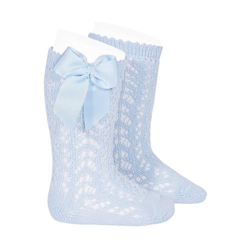 Baby Blue Lace Openwork Bow Socks for Girls - Soft Cotton Ankle Socks with Decorative Bows - Perfect for Parties, Photoshoots & Everyday Wear