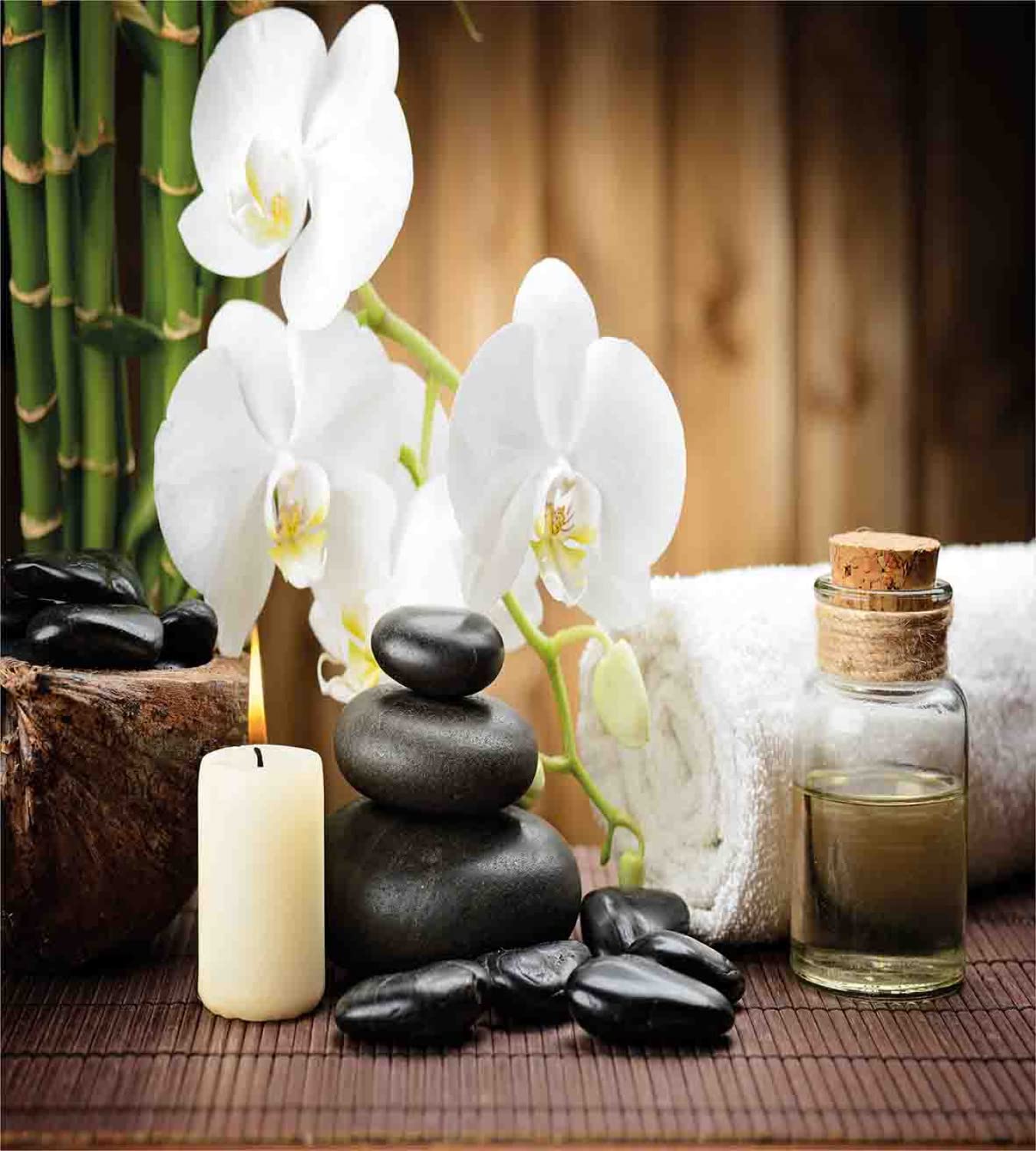 Ambesonne Spa Themed Duvet Cover Set - Relaxing Stone, Candle, Flower & Branch Print - 2 Duvet Covers & 4 Pillowcases - 2 Pack California King Size - White Black Green - Perfect for Bedroom, Guest Room & Spa Retreats