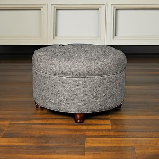 Homepop Button Tufted Woven Round Storage Ottoman - Dark Gray Storage Footrest for Living Room & Bedroom | Perfect for Small Space Organization & Extra Seating