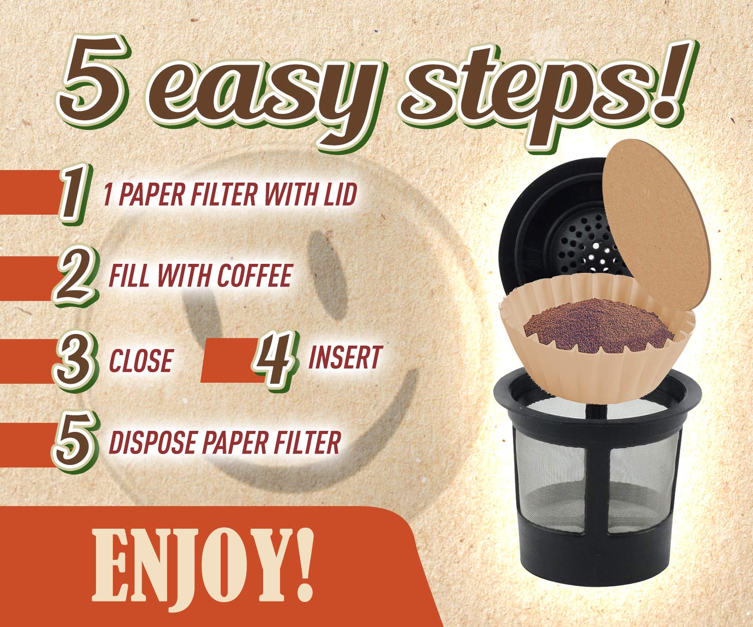 Natural Unbleached Brown Paper Coffee Filters with Lid - 300 Count Disposable Filters Compatible with Keurig 1.0 & 2.0, All Reusable K-Cups - Brew Your Own Premium Coffee at Home or Office