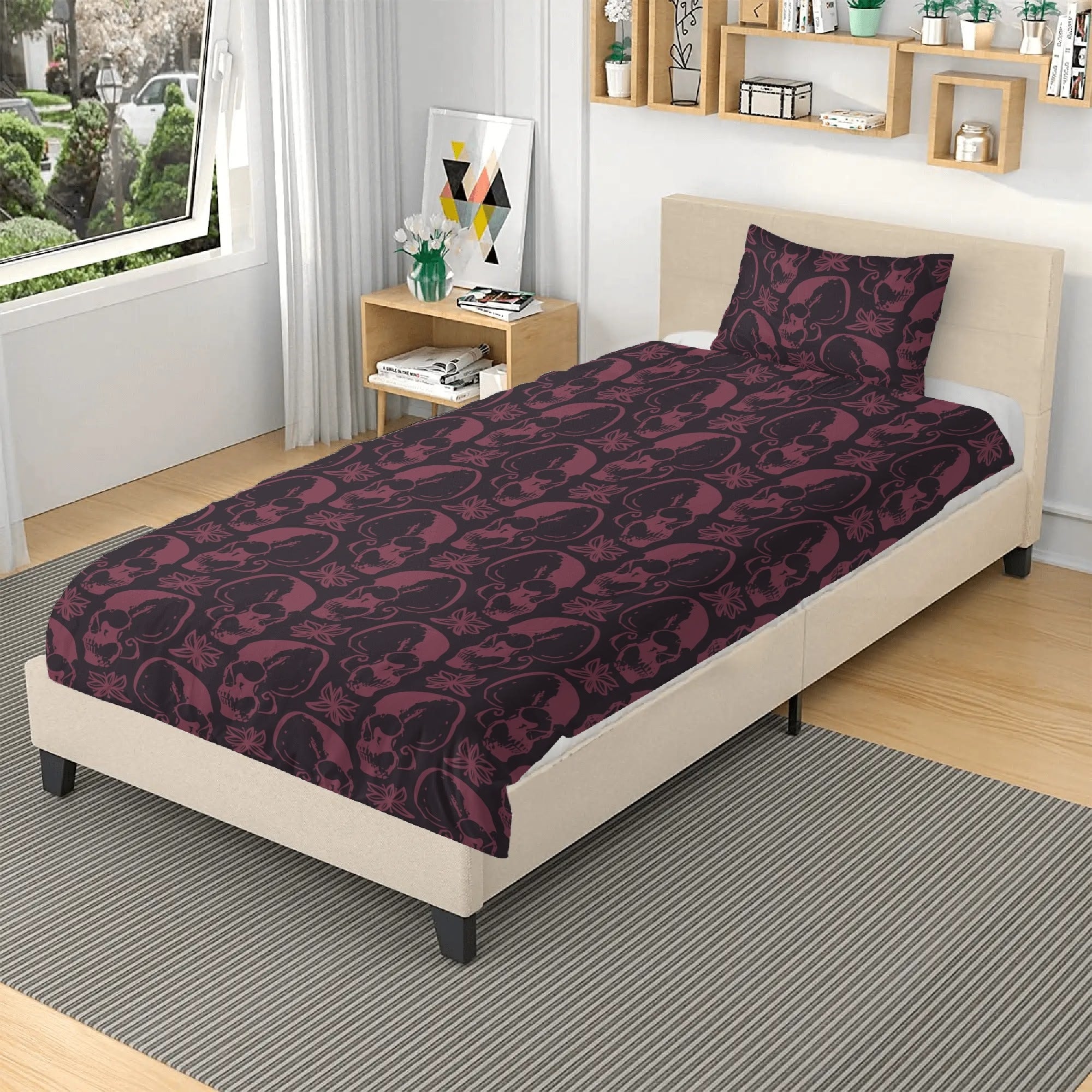 3-Piece Gothic Purple Skull Bedding Set - Soft & Stylish for Halloween, Gothic, or Punk Themed Bedrooms