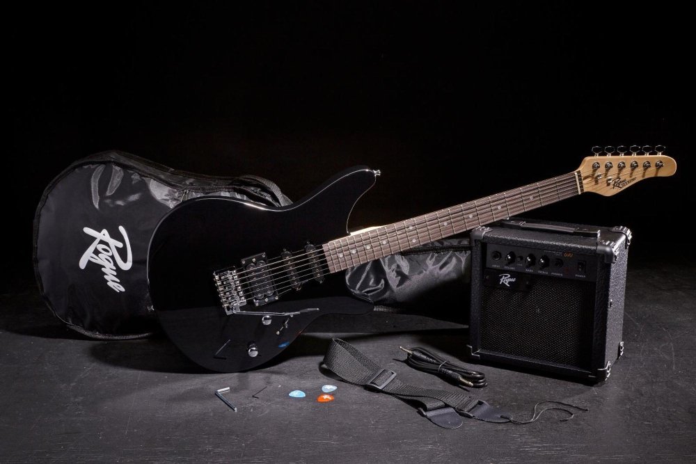 Rogue Rocketeer Electric Guitar Pack - Black | Complete Starter Kit with Amp, Strap, Picks & Cable | Perfect for Beginners, Practice & Live Performances