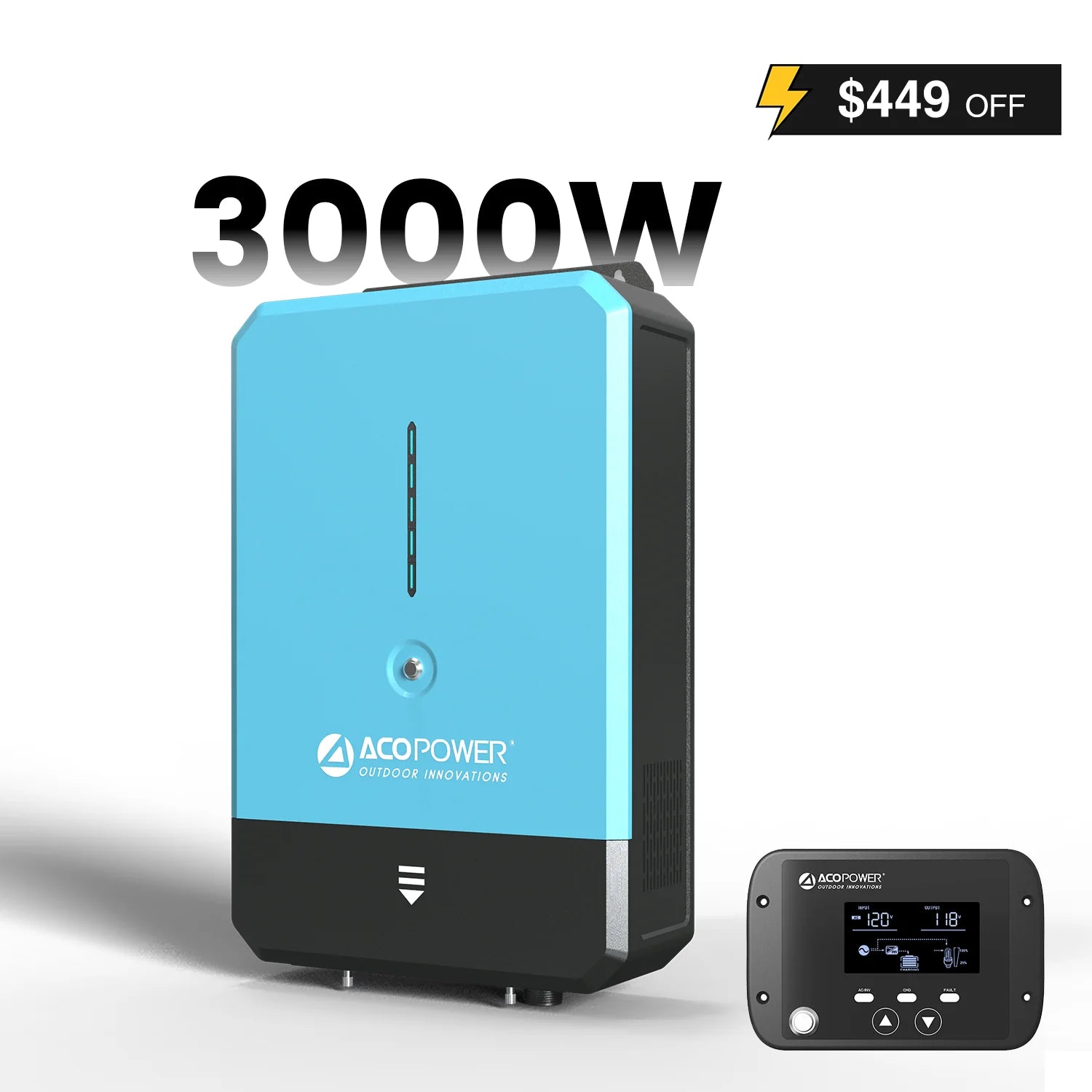 ACOPOWER 3000W 12V Pure Sine Wave Hybrid Solar Inverter Charger with LCD Display - Perfect for RV, Off-Grid Cabins, Boats & Emergency Power Backup