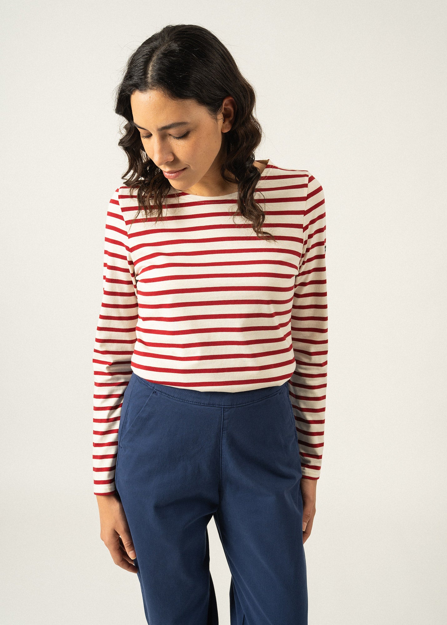 MINQUIDAME Women's Breton Striped Long Sleeve Shirt - Soft 100% Cotton Tunic Top (Ecru/Maroon) | Casual Wear, Office Outfit & Vacation Style