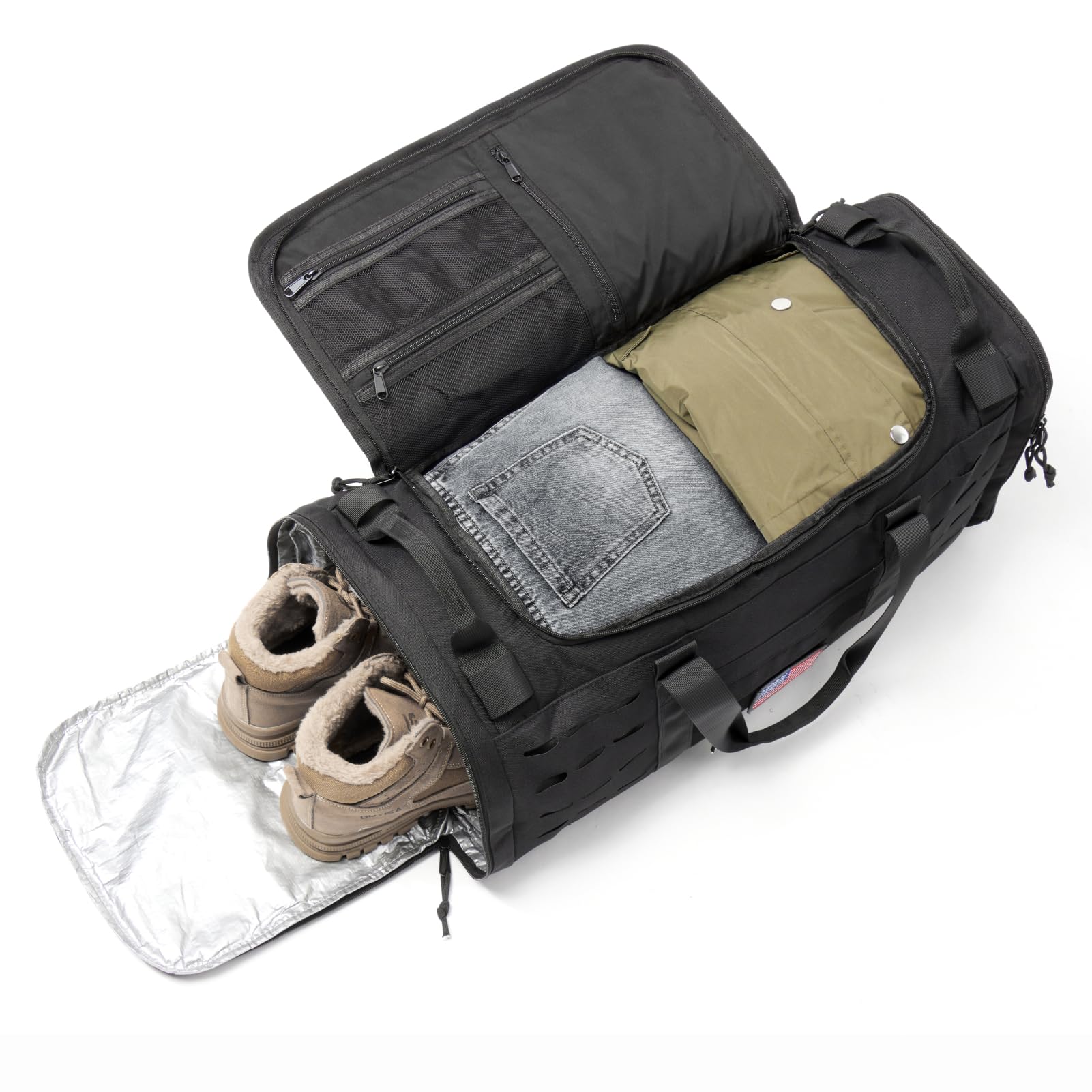CONTAIL 48L Military Tactical Molle Duffle Bag - Waterproof Gym & Travel Backpack with Shoe Compartment, Detachable Straps for Outdoor Camping, Hiking & Sports Gear Storage (Black)
