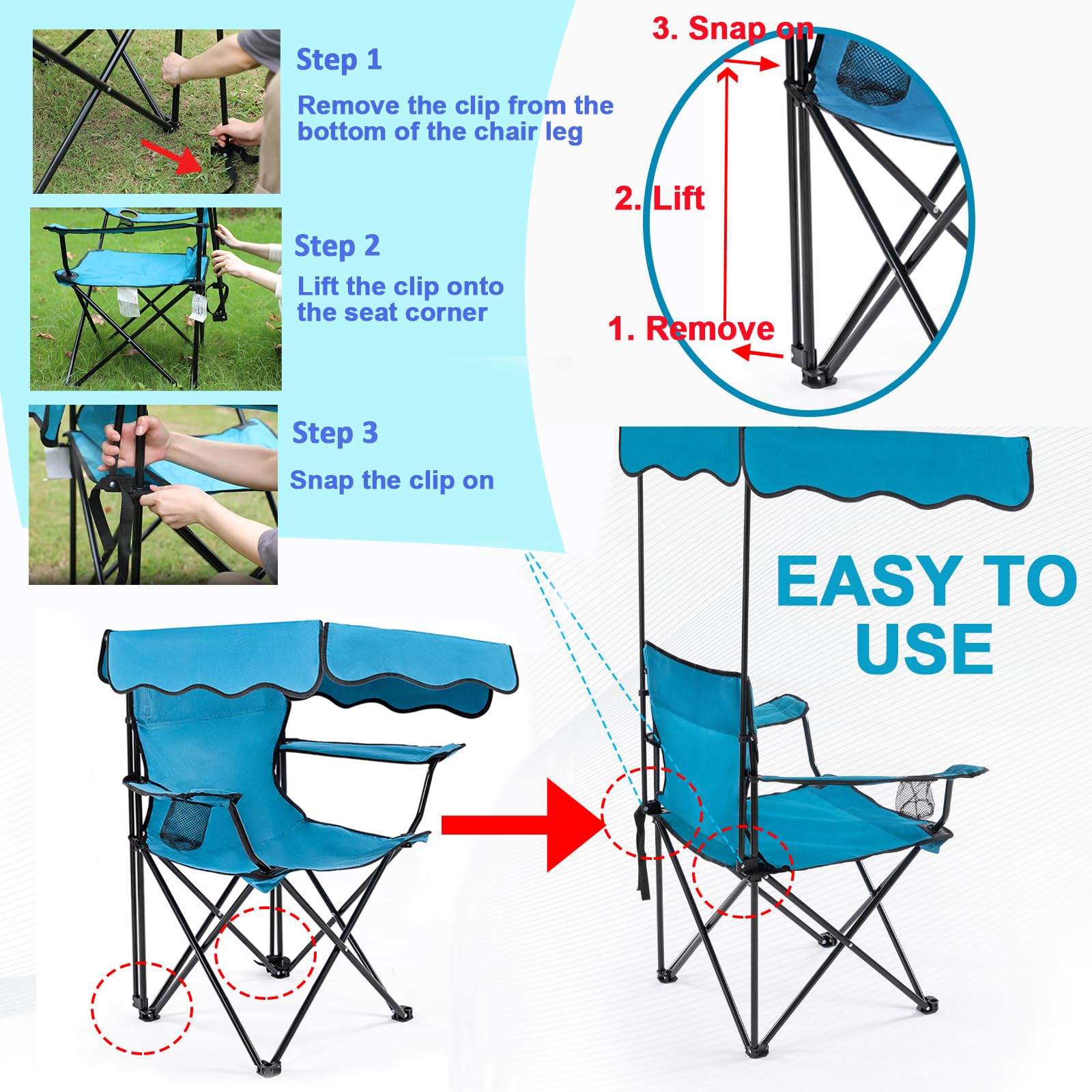 Homcosan Heavy Duty Folding Camping Chair with Canopy Shade - 600D Oxford Fabric Beach Chair with Cup Holder - Supports 330lbs - Portable Outdoor Chair for Camping, Beach, Picnics, Backyard & Tailgating