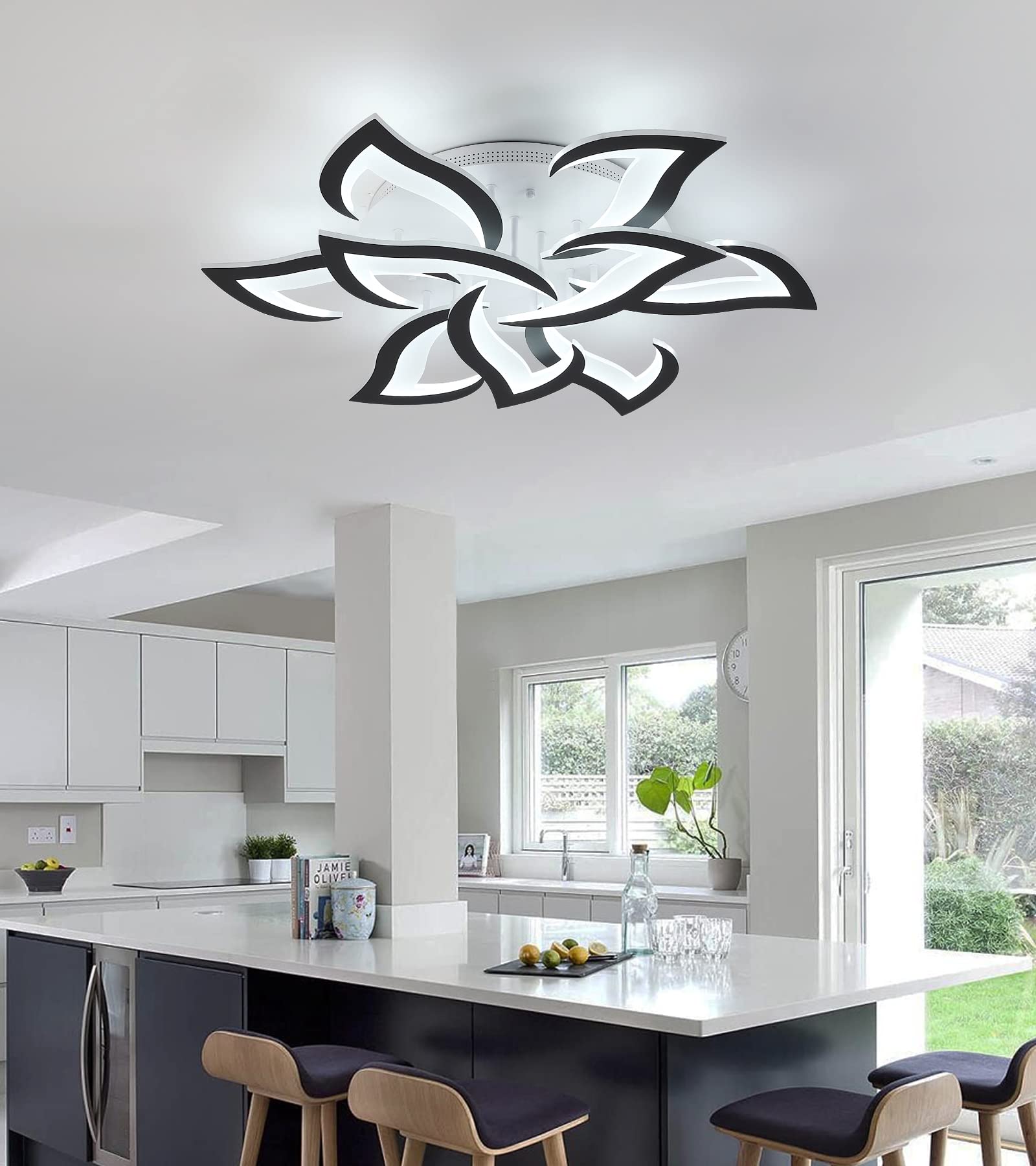 MEIXISUE Modern Black LED Floral Ceiling Light Fixture with Remote Control - Dimmable 31.5