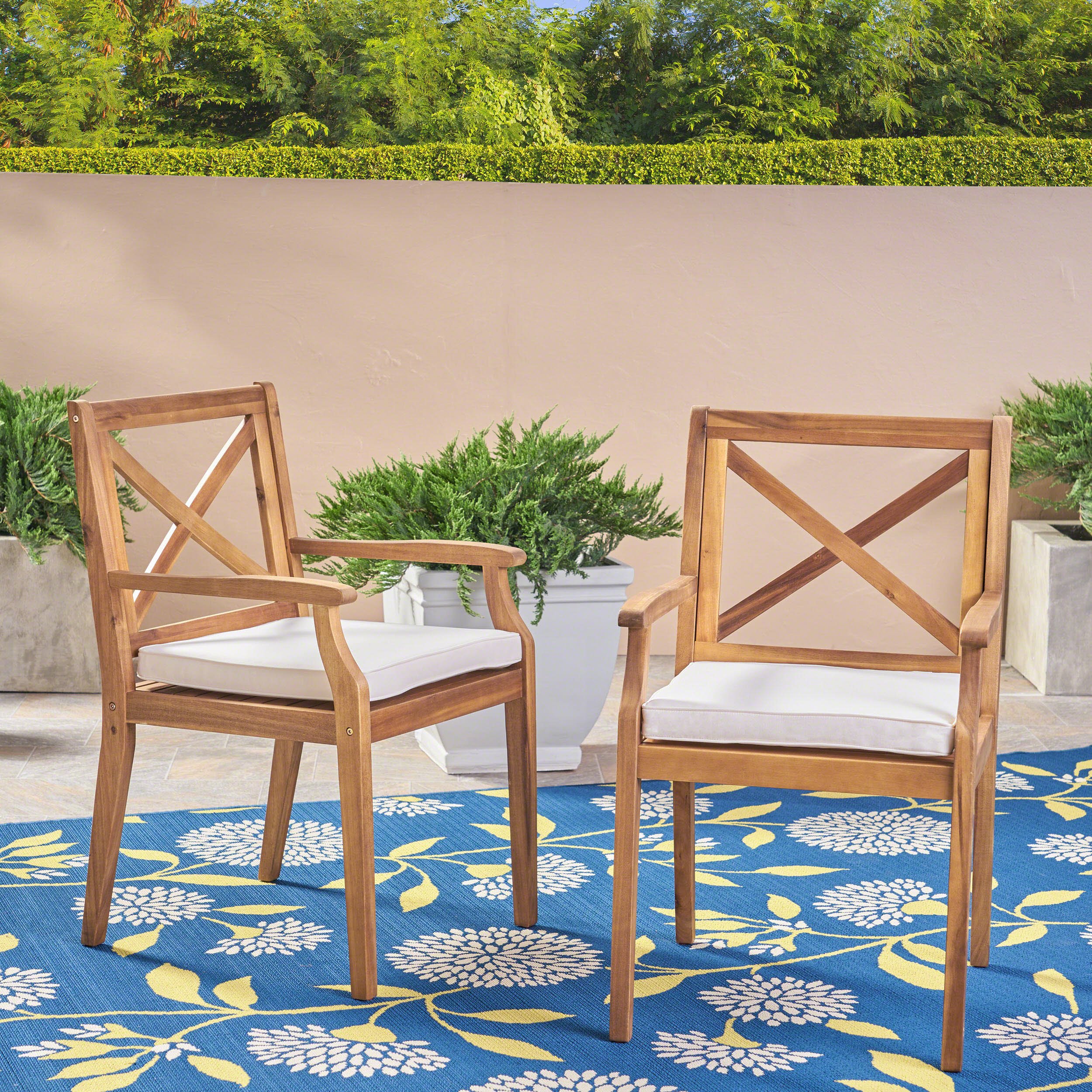 Christopher Knight Home Peter Outdoor Acacia Wood Dining Chairs - Set of 2 with Teak/Cream Cushions | Patio, Garden, Poolside & Restaurant Seating Furniture