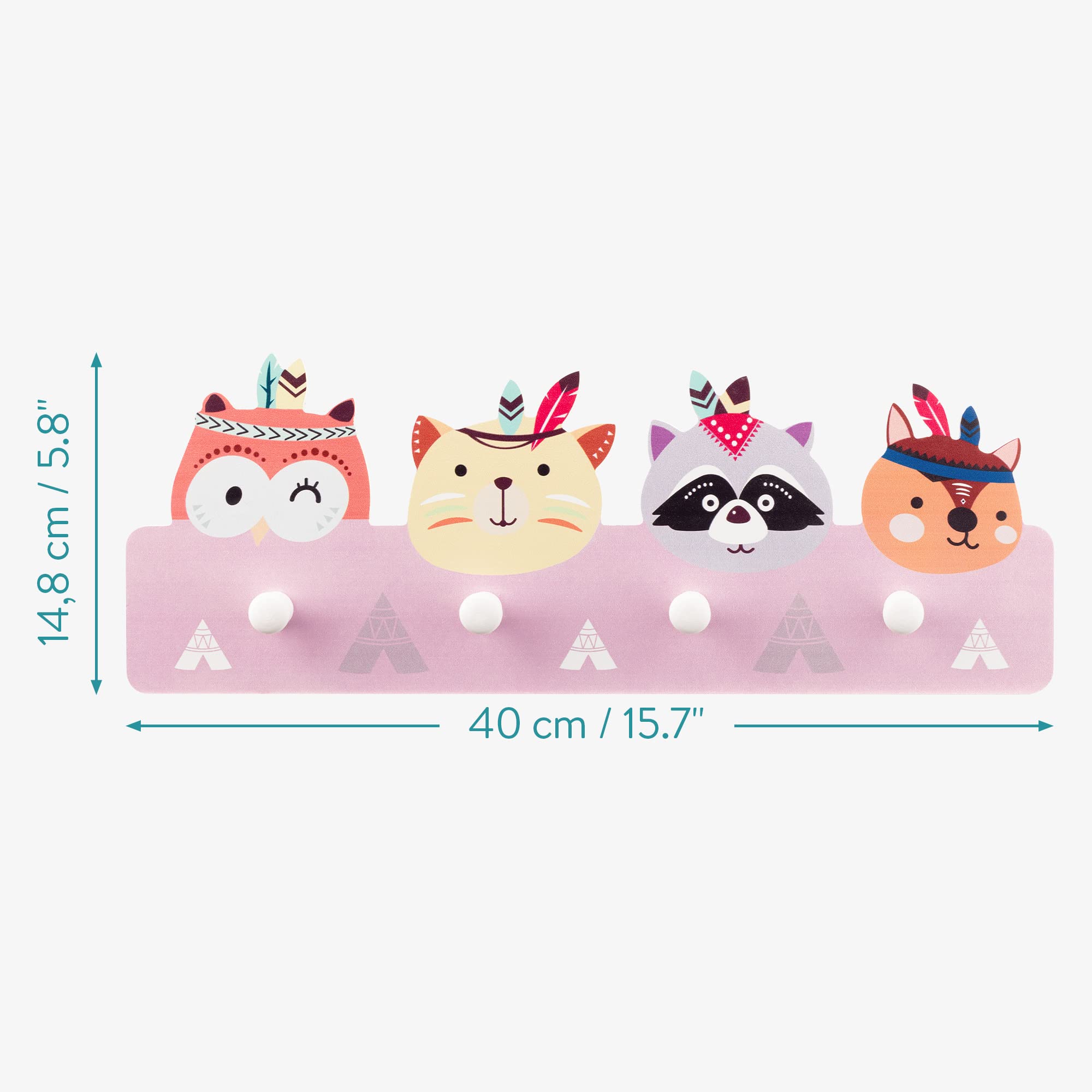 Navaris Kids Coat Hooks Rack - Wooden Wall Mounted Coat Hanger with 4 Animal Shaped Pegs - Space Saving Children's Closet Organizer for Bedroom, Nursery & Entryway - Perfect for Jackets, Hats & Backpacks