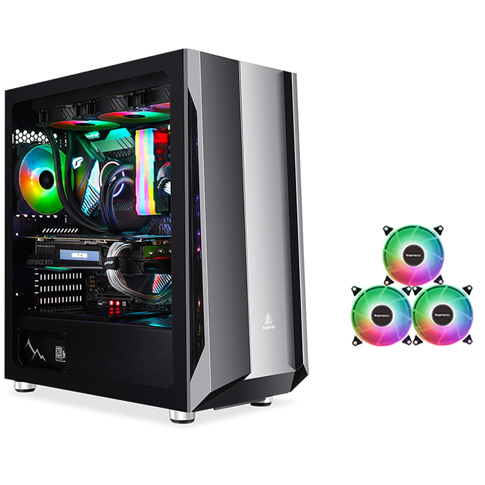 JF-TVQJ Mid Tower ATX Gaming Computer Case with 3 RGB Fans, Tempered Glass Side Panel - Water Cooling Ready & Dust-Proof Design for Enhanced PC Gaming Performance - Perfect for Gaming Rigs, Streaming Setups & Workstations (Black)