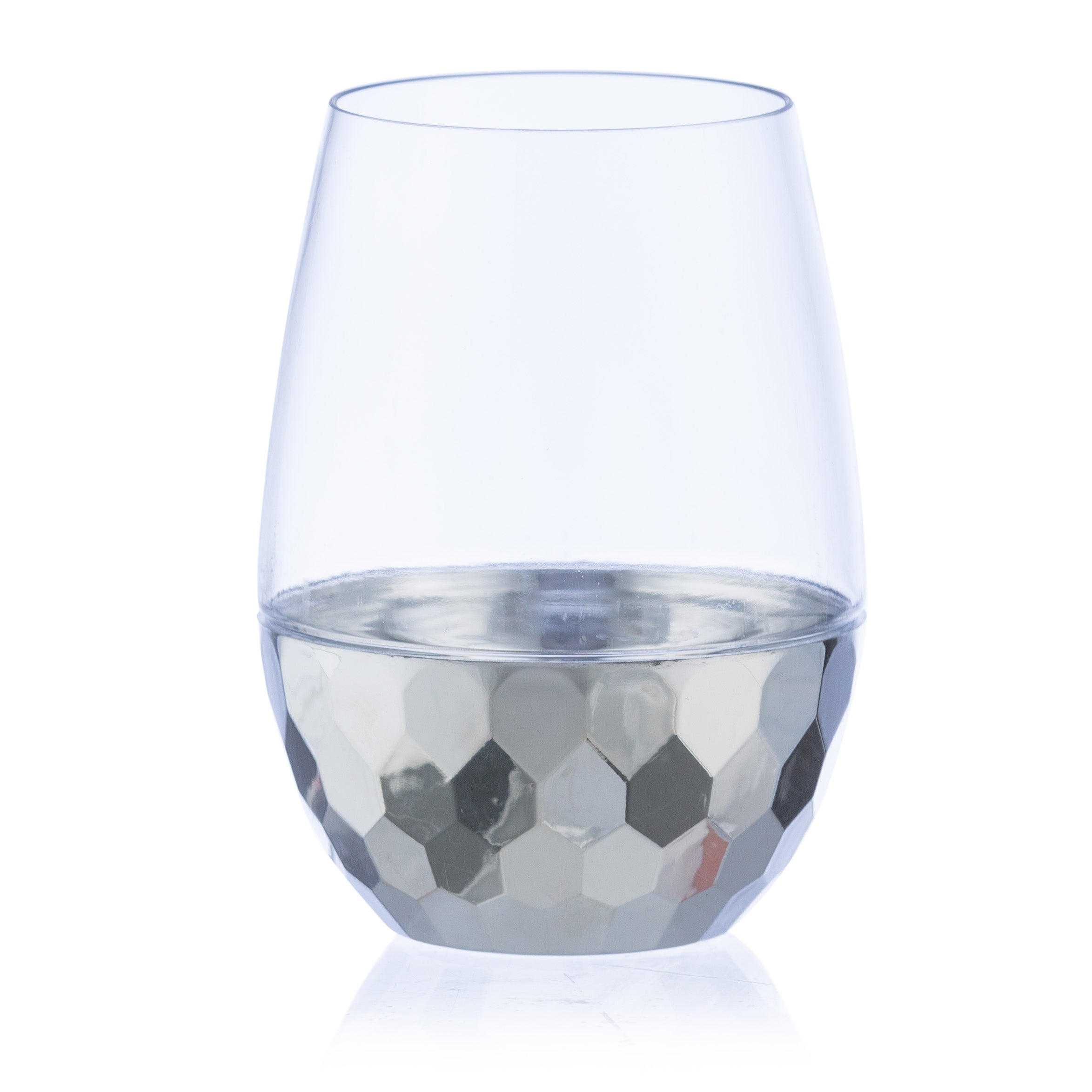 16 Oz Clear Stemless Wine Glasses with Hammered Silver Design - Set of 6 Shatterproof Goblets for Wedding, Party, and Home Entertaining