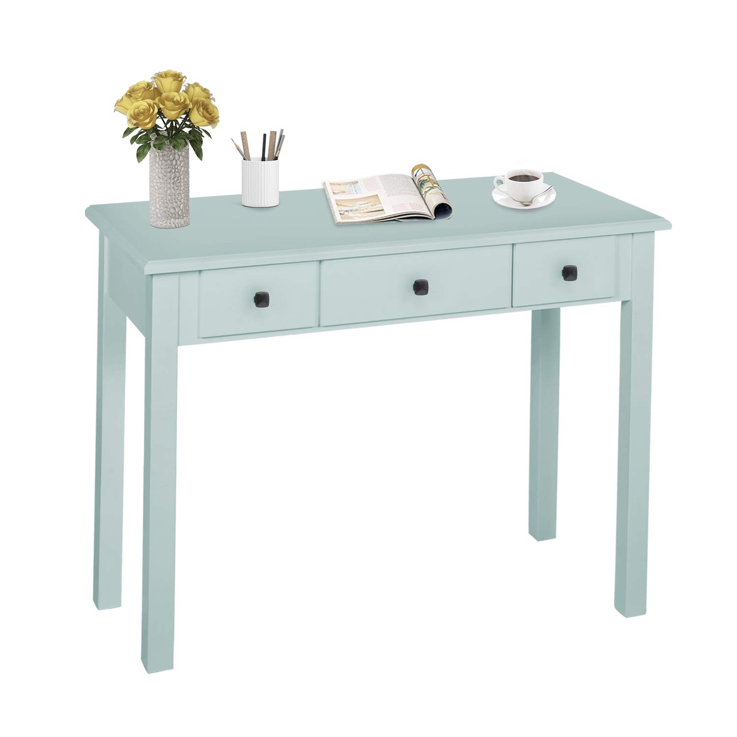 Compact Home Office Writing Desk with Drawers - Space Saving Study Table for Adults & Students, Vanity Makeup Dressing Table - Perfect for Small Bedrooms, Dorms & Apartments (Light Green) - Ideal for Remote Work, Online Classes & Beauty Routines