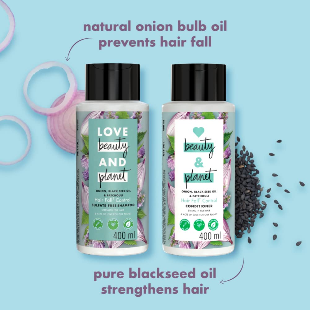 Love Beauty & Planet Onion Oil, Black Seed Oil & Patchouli Hair Fall Control Shampoo & Conditioner Set (200ml) - Paraben & Dye Free with Essential Oils for Thicker, Stronger Hair - Perfect for Daily Hair Care & Scalp Nourishment