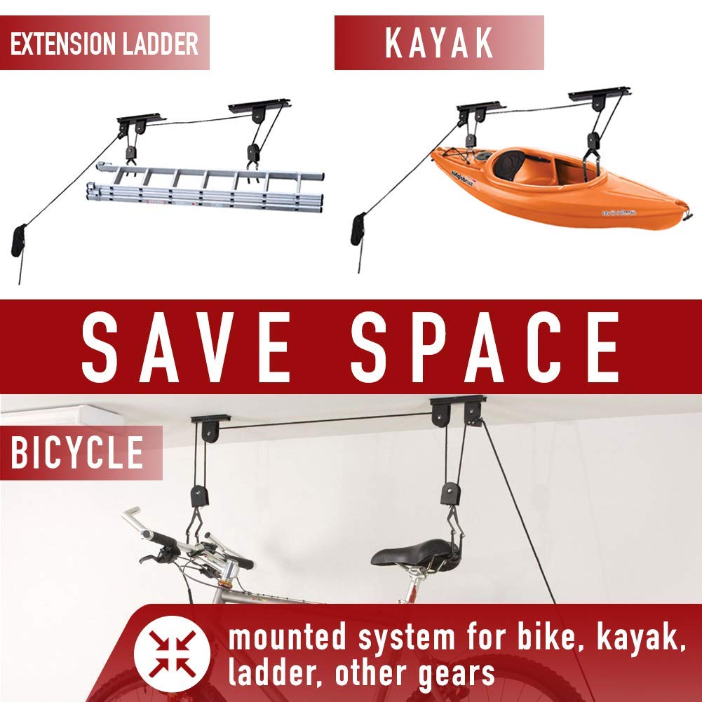 **Heavy Duty 50lbs Bike & Kayak Ceiling Hoist - Adjustable Garage Pulley Storage System with Hooks for Bicycle, Kayak, Ladder - Perfect for Garage, Basement & Outdoor Storage**