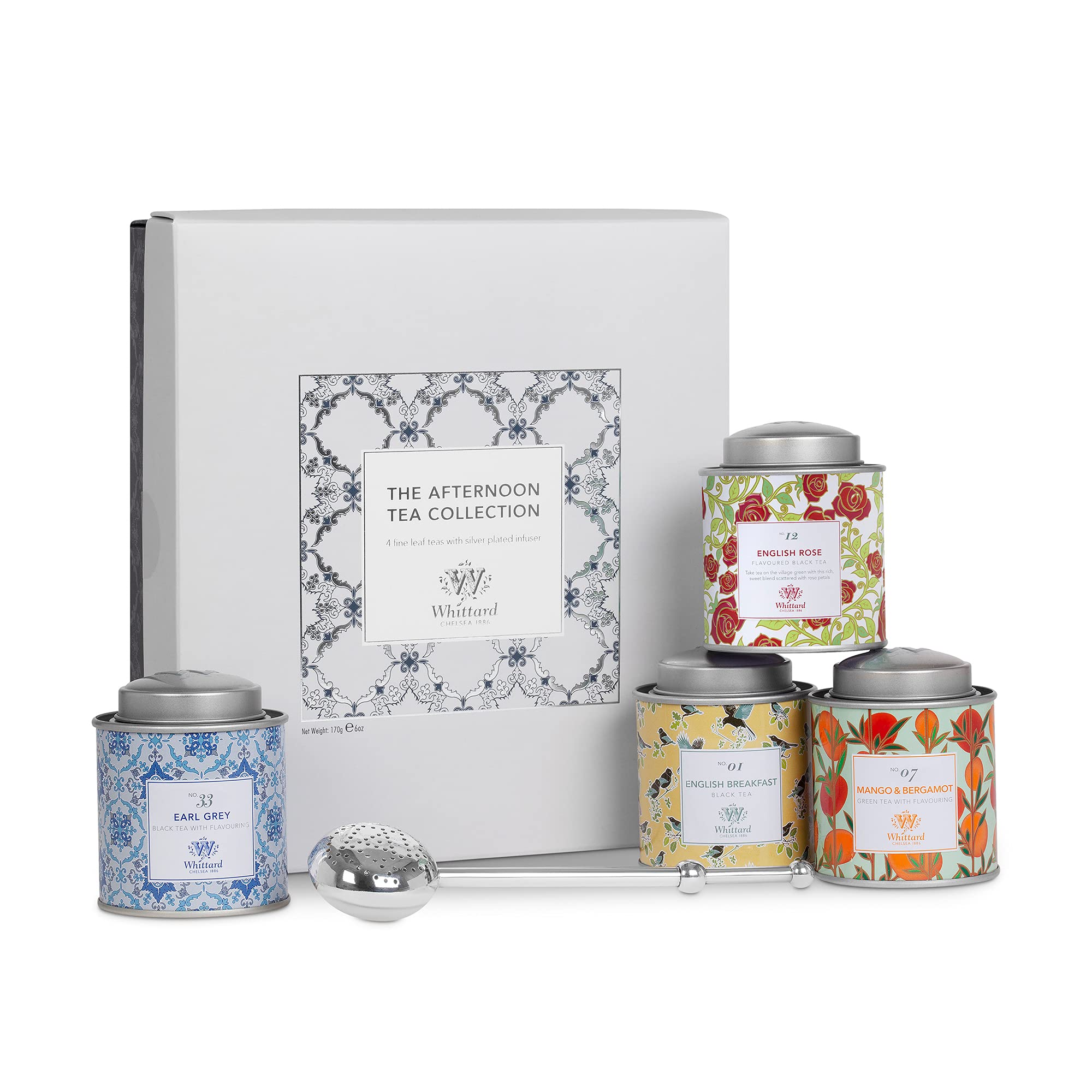 Whittard of Chelsea Afternoon Tea Collection Gift Box - 4 Premium Loose Leaf Teas: English Breakfast, Earl Grey, English Rose & Mango Bergamot (3 Black Teas + 1 Green Tea) - Perfect for Afternoon Tea Parties, Gifts & Relaxation