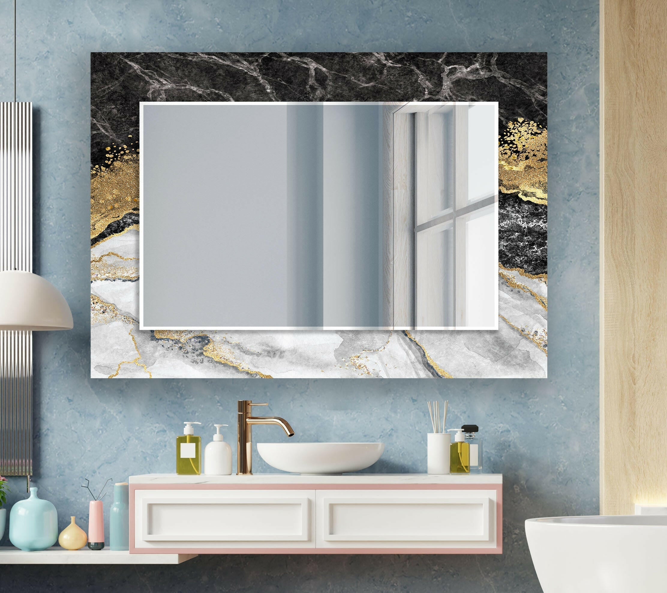 Elegant Black Marble Gold Frame Wall Mirror - Modern Home Decor for Living Room, Bedroom & Entryway