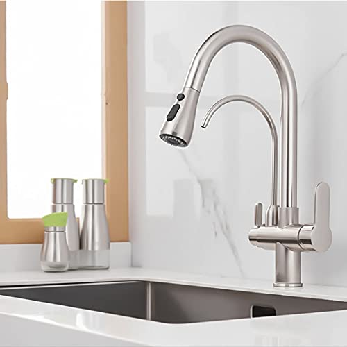 HTSSM Black Gold Filter Kitchen Faucet with Rotatable Dual Spout - Pure Water Dual Handle Mixer Tap in Brushed Nickel - Perfect for Modern Kitchens & Water Filtration Needs