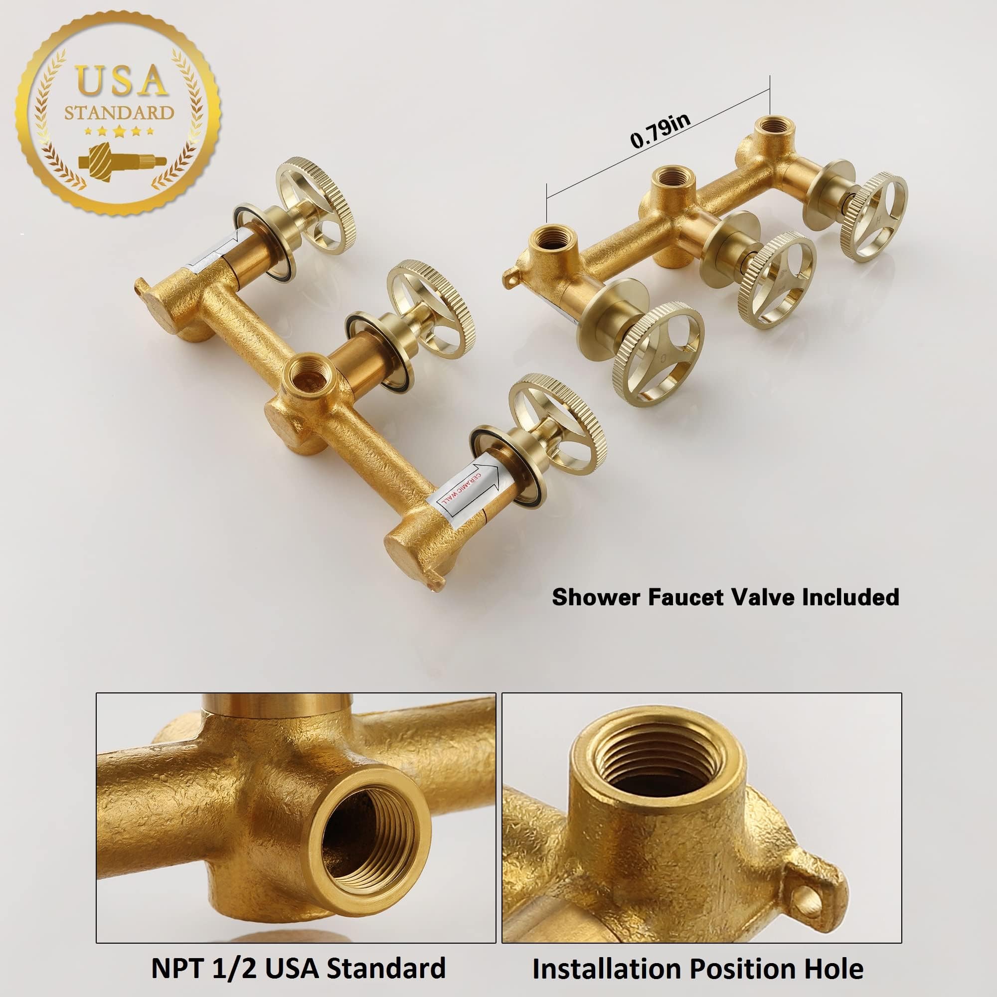 SKOWLL Rainfall Shower Faucet Set - 3 Handle Wall Mounted Bathroom Shower System with 8 Inch Shower Head & 2 Function Valve in Brushed Gold Finish | Perfect for Modern Luxury Bathrooms & Spa-Like Experience