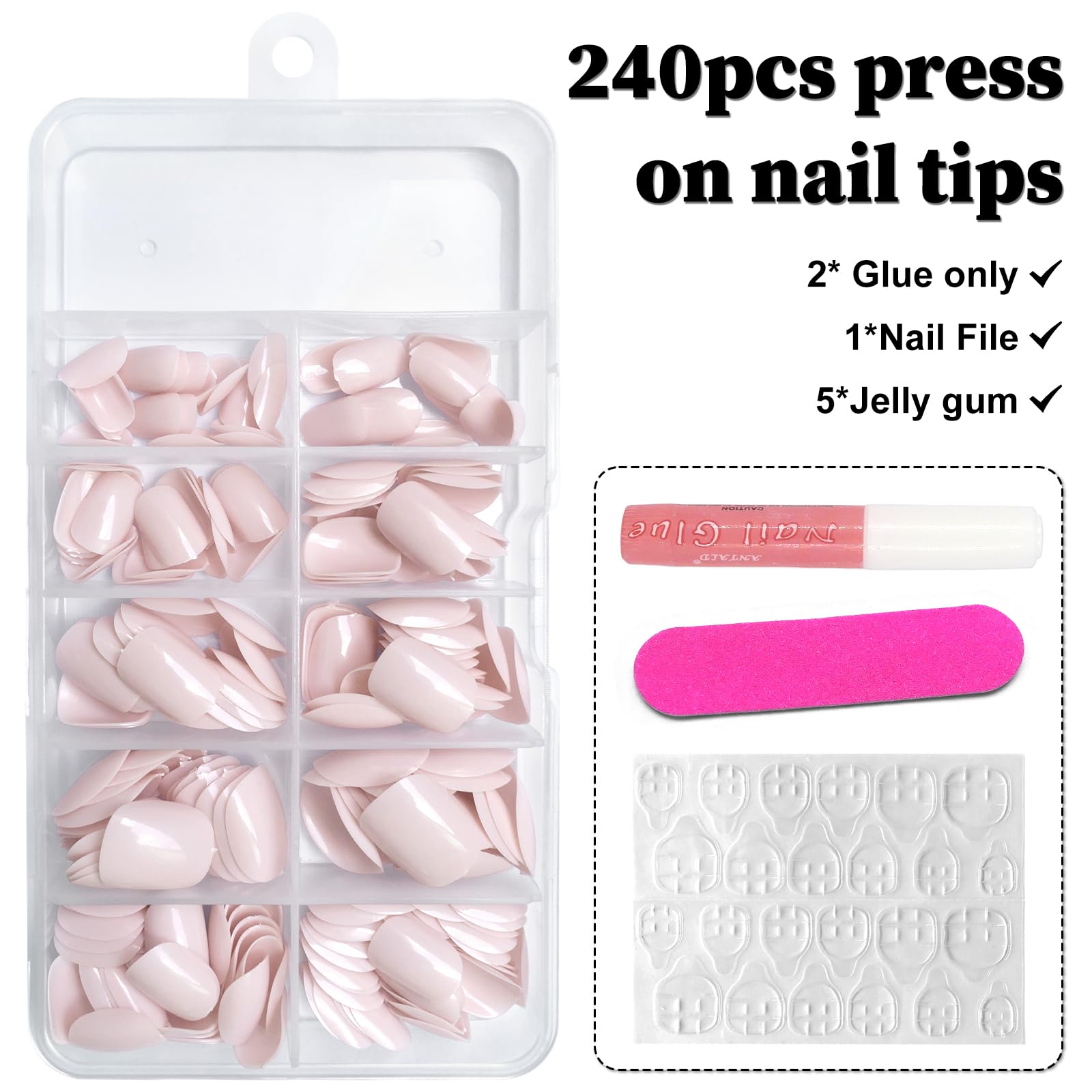 AddFavor Short Press on Nails - 240pcs Glossy Full Cover Acrylic Fake Nails Kit for Women (Light Pink) with Sticky Tabs & Nail File - Square & Round Shapes | Perfect for Daily Wear, Parties, Weddings & Special Occasions
