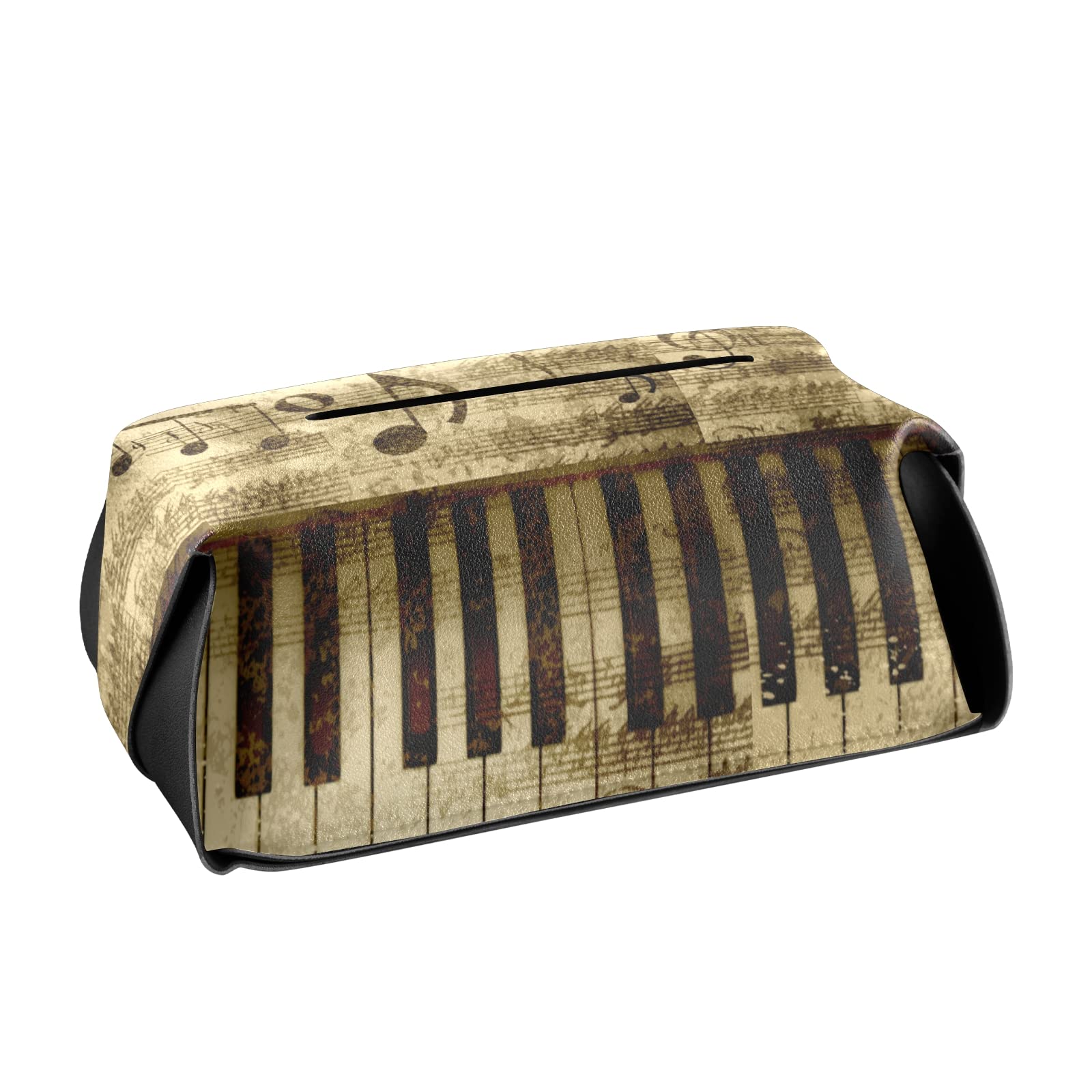 Vintage Music Notes PU Leather Tissue Box Cover - Rectangular Napkin Holder with Handle for Bathroom Vanity & Home Decor | Facial Tissue Organizer Dispenser for Living Room, Bedroom, Office Desk