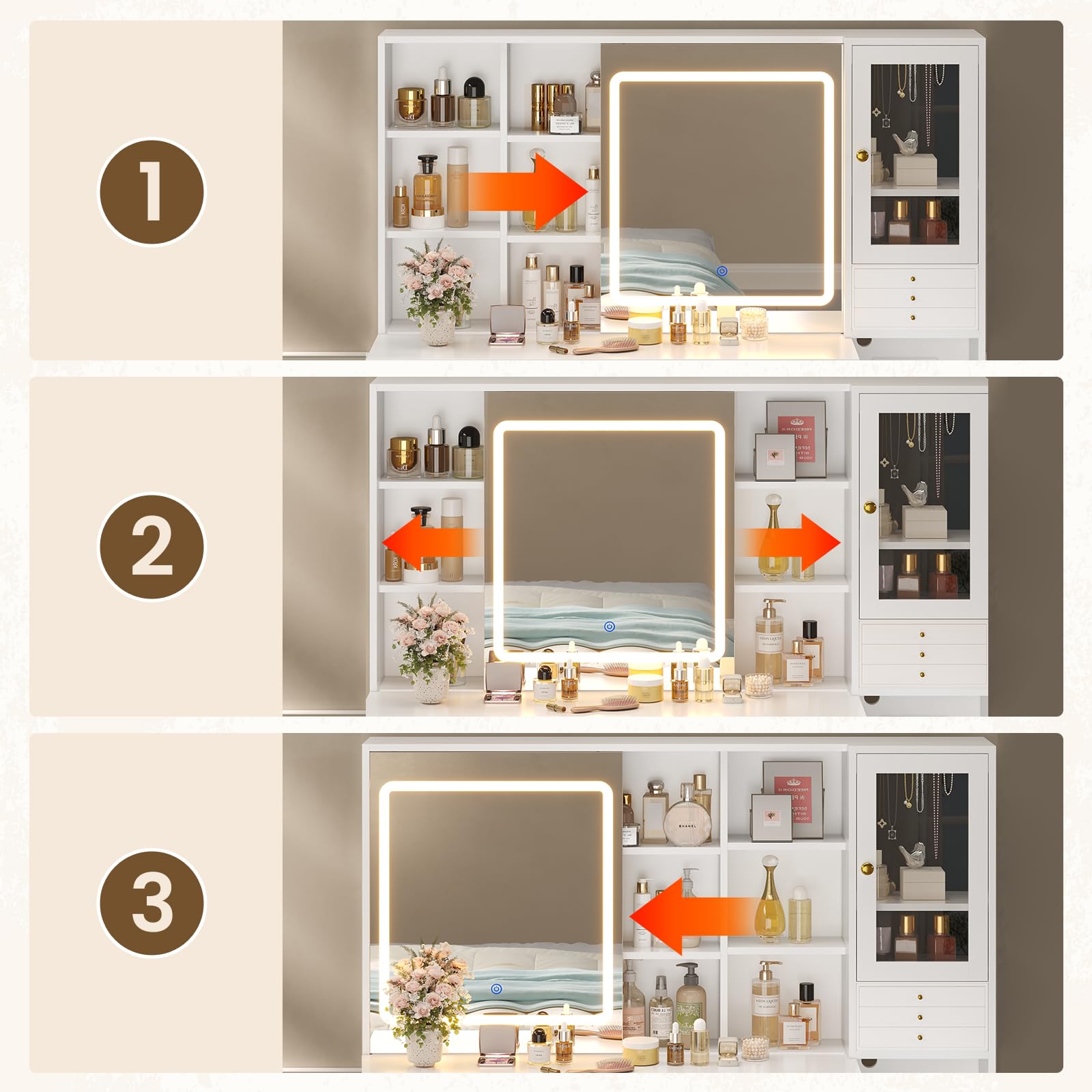 Modern White Makeup Vanity with LED Lights & Sliding Mirror - Vanity Desk with Jewelry Organizer, Glass Cabinet & 5 Drawers - Perfect for Bedroom, Dressing Room & Beauty Salon