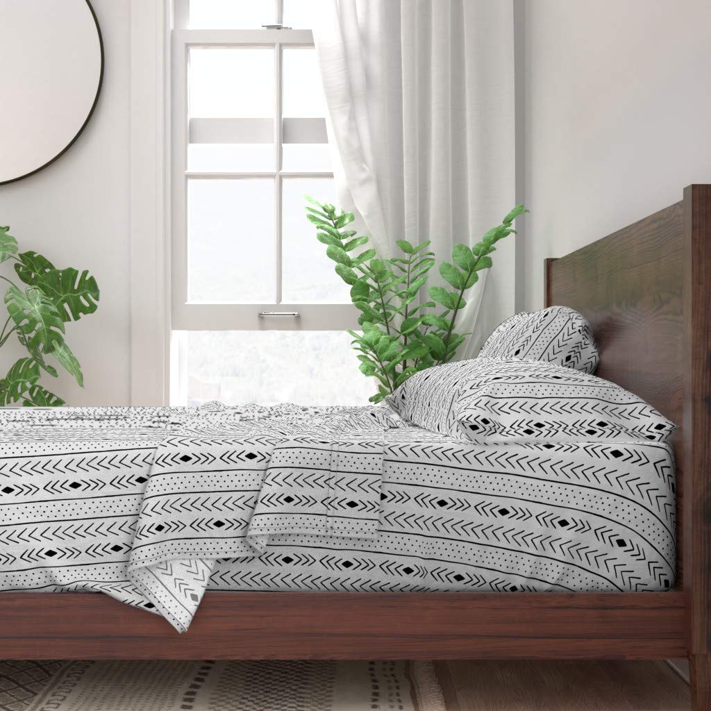 Spoonflower 100% Cotton Queen Size 4-Piece Sheet Set - Mudcloth Gray & Black Tribal Print with Diamond Dots & Lines | Gender Neutral Custom Bedding for Nursery, Guest Room or Bohemian Home Decor
