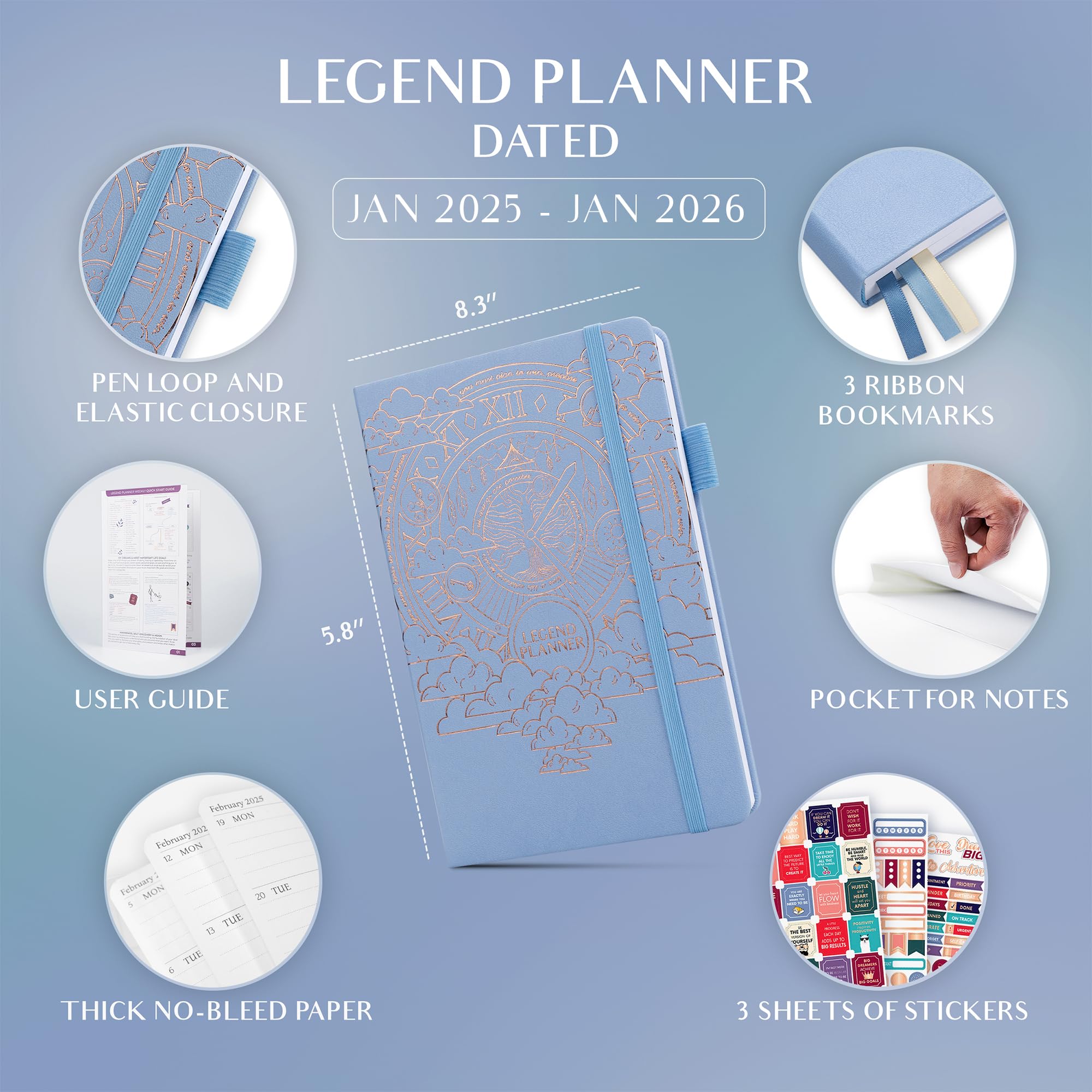 Legend Planner Jan 2025 – Jan 2026: Dated Weekly & Monthly Goal Planner for Productivity & Happiness - A5 Hardcover Organizer Notebook & Journal (Periwinkle) - Perfect for Work, School, Personal Goals & Time Management