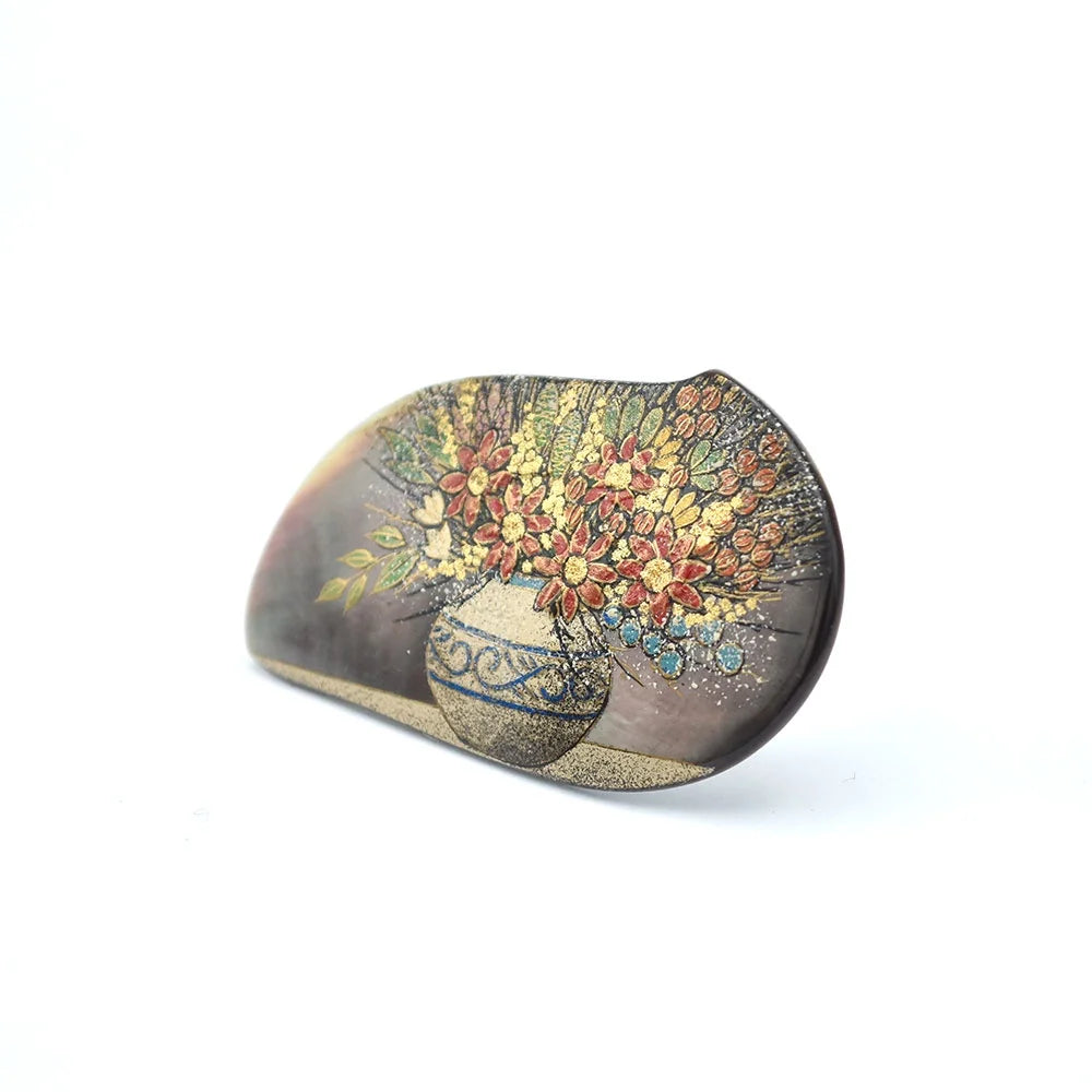 Exquisite Maki-e Urushi Lacquer Brooch with Black Lip Oyster Pearl Shell & Floral Design | Traditional Japanese Lacquer Jewelry for Women | Perfect for Formal Occasions, Weddings & Special Events
