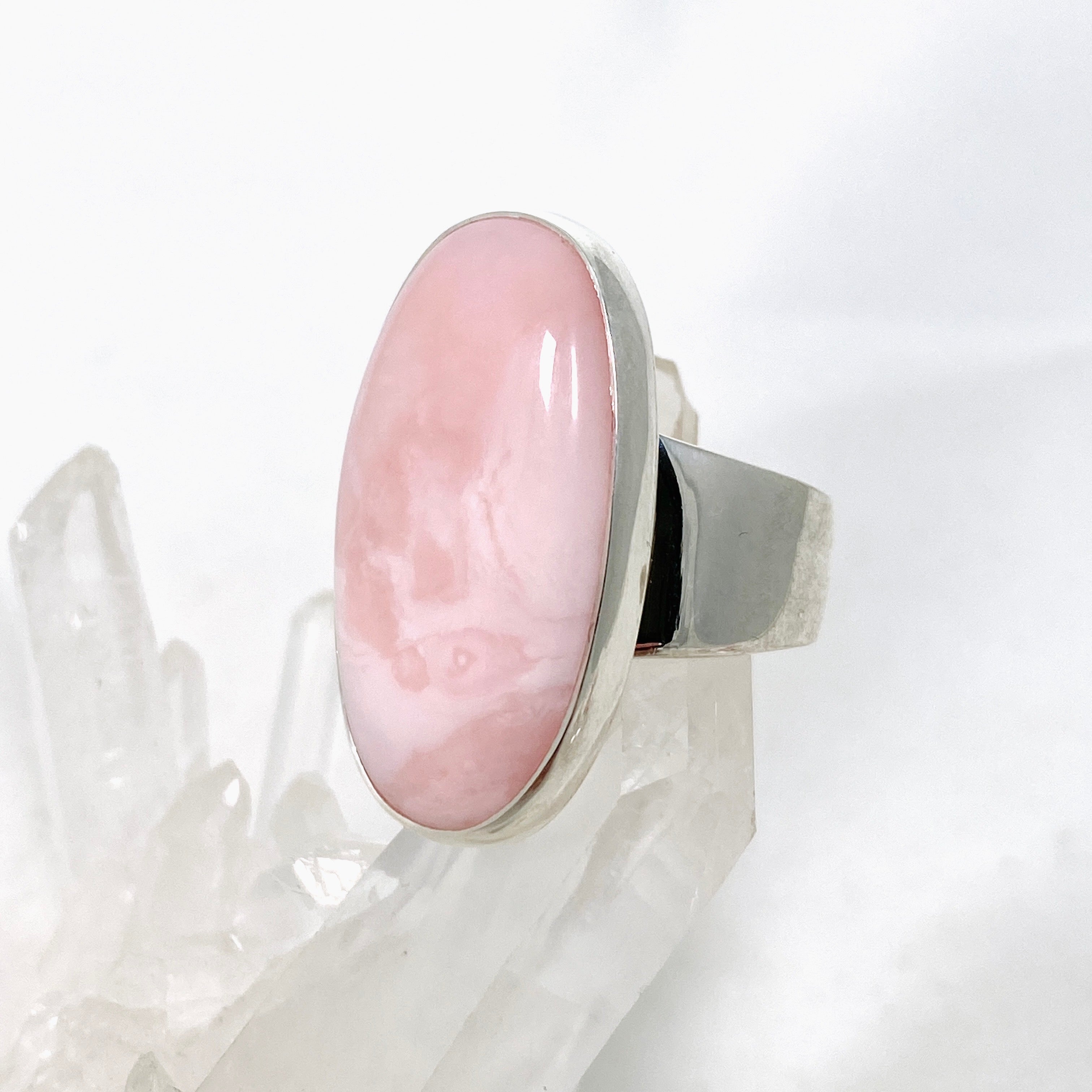 Pink Opal Oval Cabochon Ring Size 8 - Natural Gemstone Jewelry for Women - Perfect for Valentine's Day Gift & Everyday Wear KRGJ3306