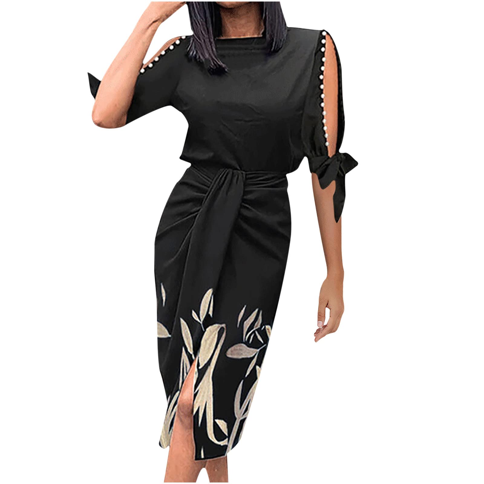 Jsarle Women's Sexy Off-Shoulder Hollow Out Bow Sleeve Tie Waist Midi Dress - Wedding Guest, Cocktail Party & Special Occasion Plus Size Dress