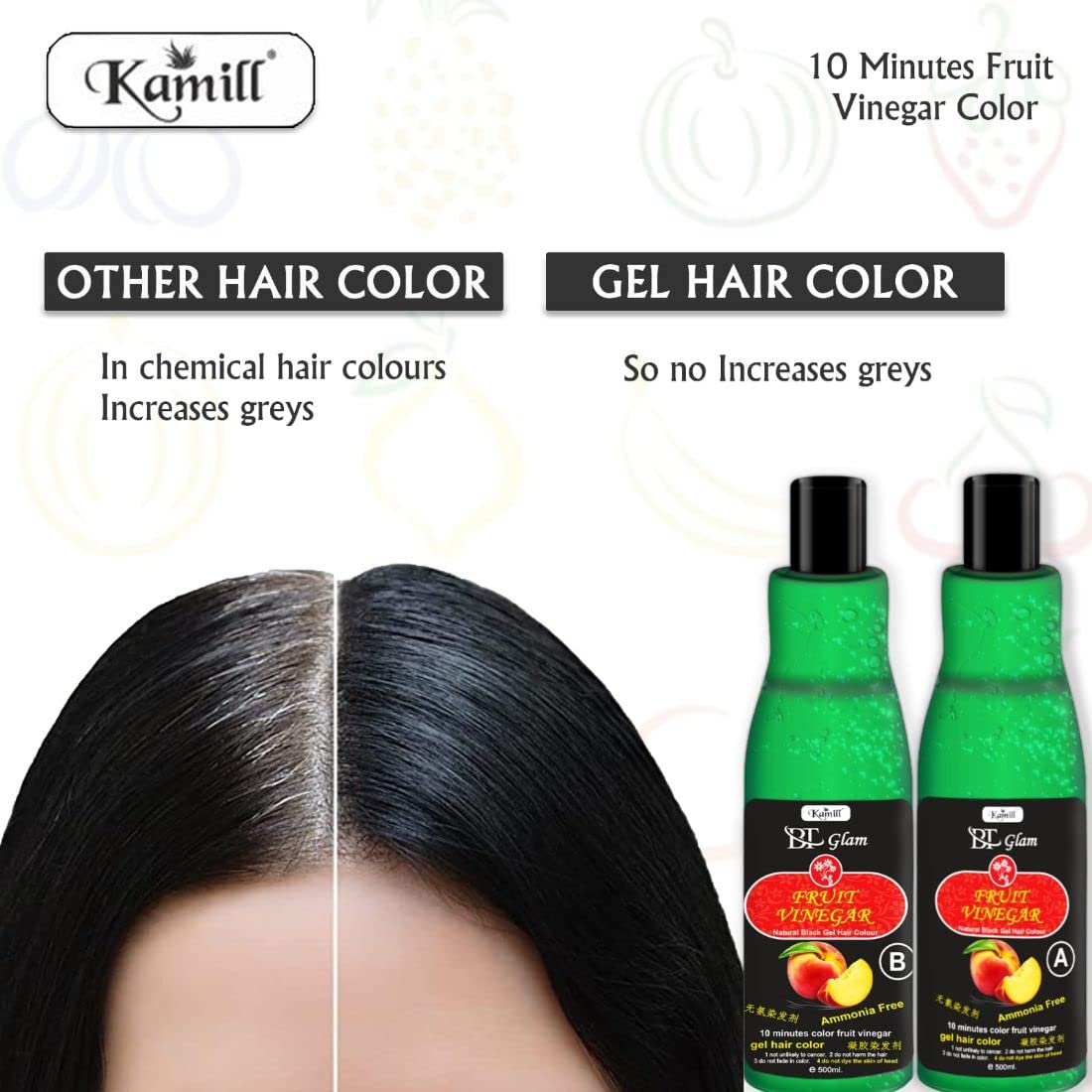 Kamill BT Glam Fruit Vinegar Gel Hair Color - Ammonia Free Natural Black Hair Dye for Healthy Hair Care (500ml x 2 Pack) | Gentle Coloring for Home Use & Salon Styling