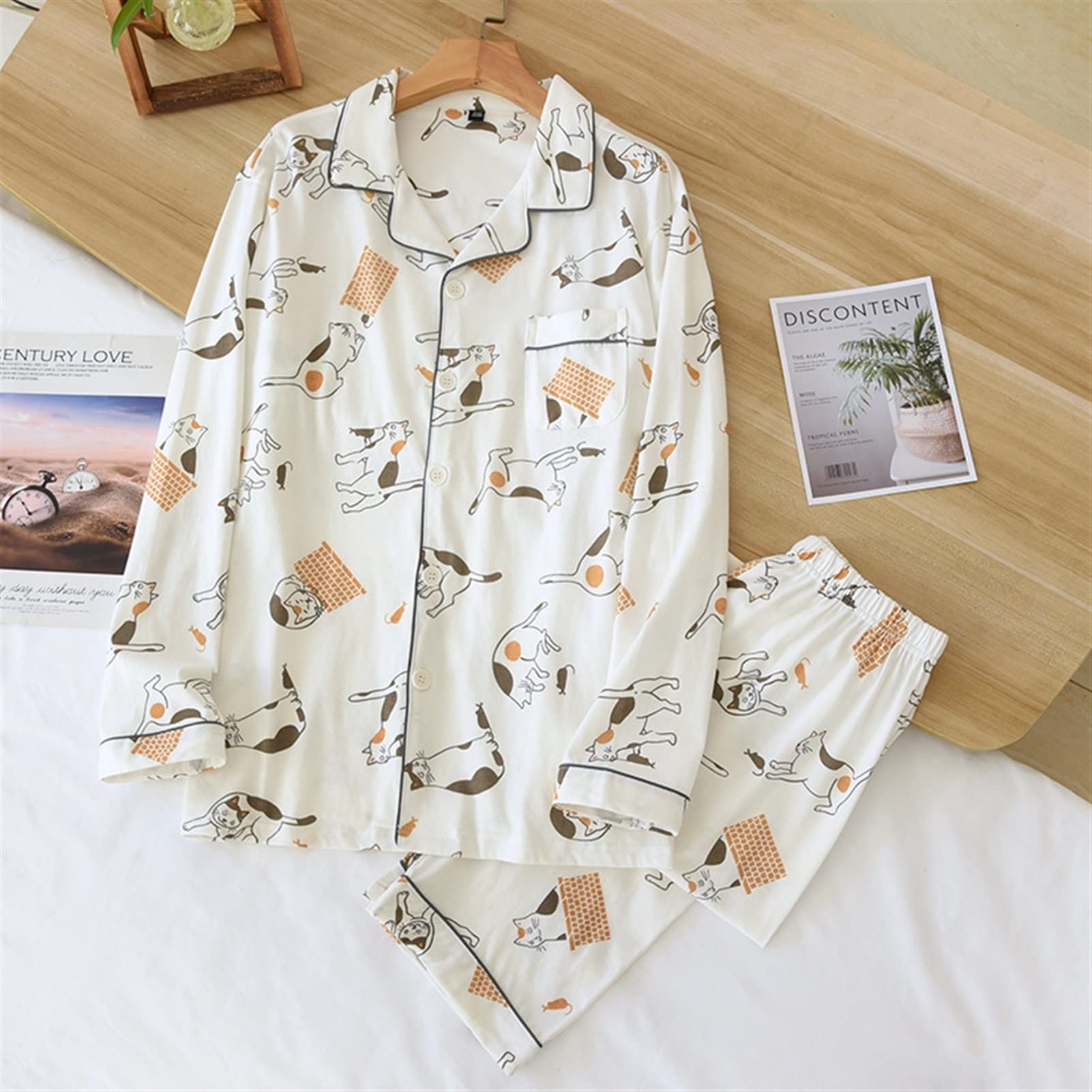 Elegant Spring Leaves Printed Women's Cotton Pajama Set - Plus Size 2-Piece Long Sleeve Sleepwear & Loungewear (Green, XL) | Cozy Home Outfit for Relaxing Evenings & Comfortable Nighttime Wear