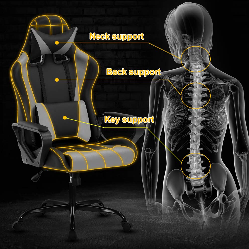 Ergonomic Gaming Chair with Headrest & Lumbar Support - Adjustable Height PU Leather Computer Desk Chair for Office, Racing & Video Games - 360° Swivel Executive Chair (Grey) - Perfect for Home Office, Gaming Setup & Esports Tournaments