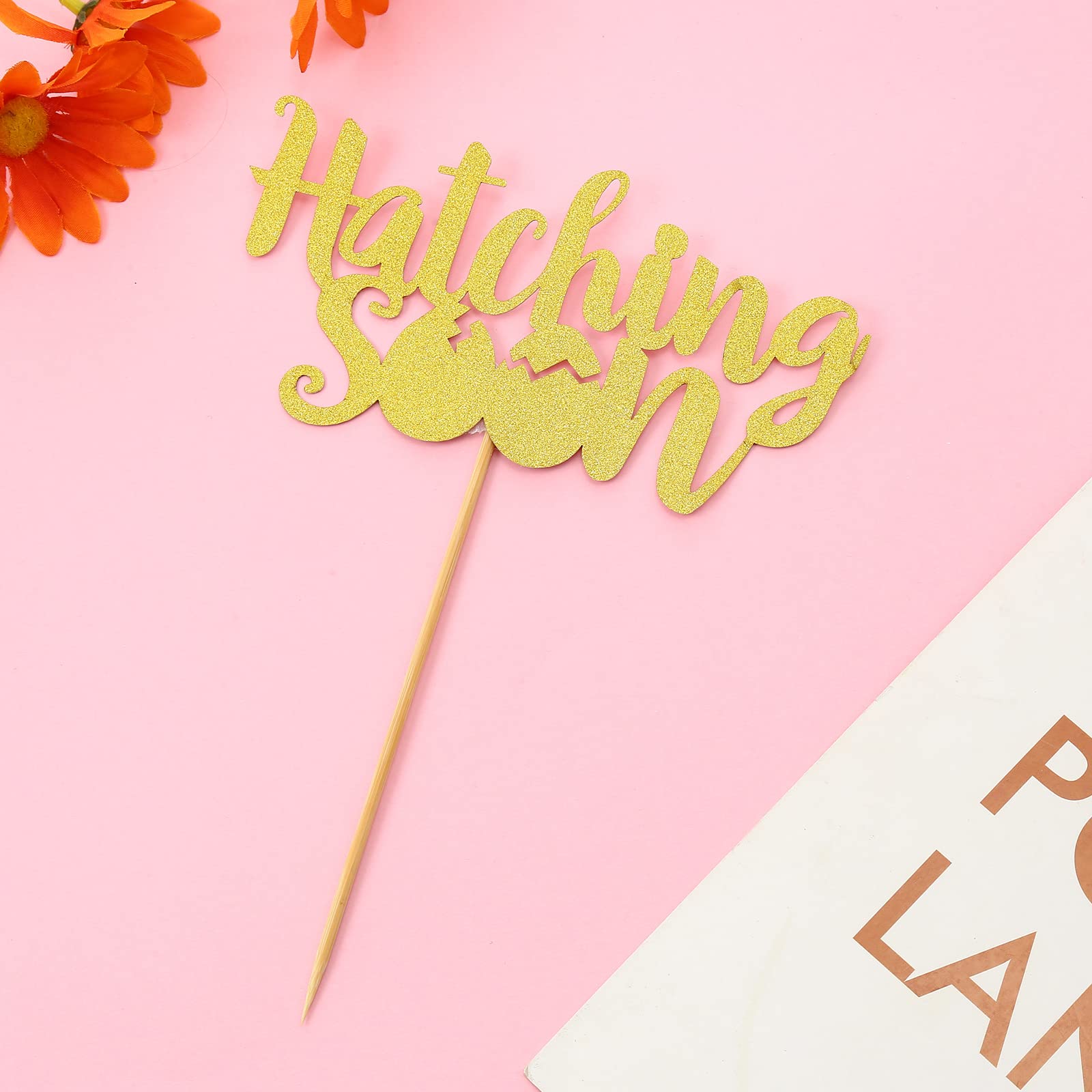 Dinosaur Theme 'Hatching Soon' Gold Glitter Cake Topper - Single-Sided Pregnancy & Baby Shower Decoration for Gender Reveal Parties | Perfect for Baby Showers, Gender Reveals & Nursery Decor