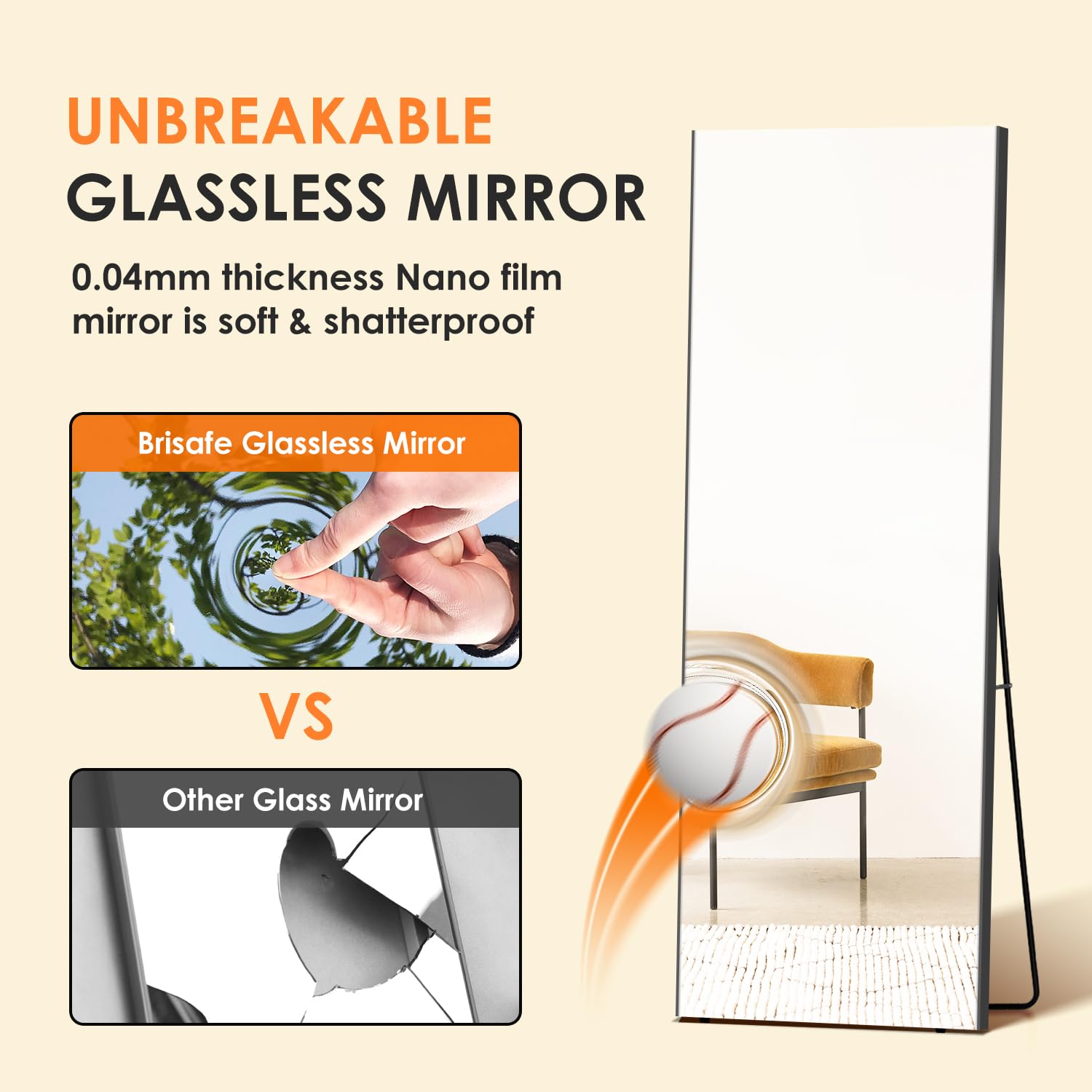 Brisafe 71x24 Inch Full Length Floor Mirror with Stand - Shatterproof Glassless Design & Aluminum Alloy Frame - Gold Full Body Mirror for Living Room, Bedroom, Dressing Room | Perfect for Home Decor, Outfit Checks & Selfie Background